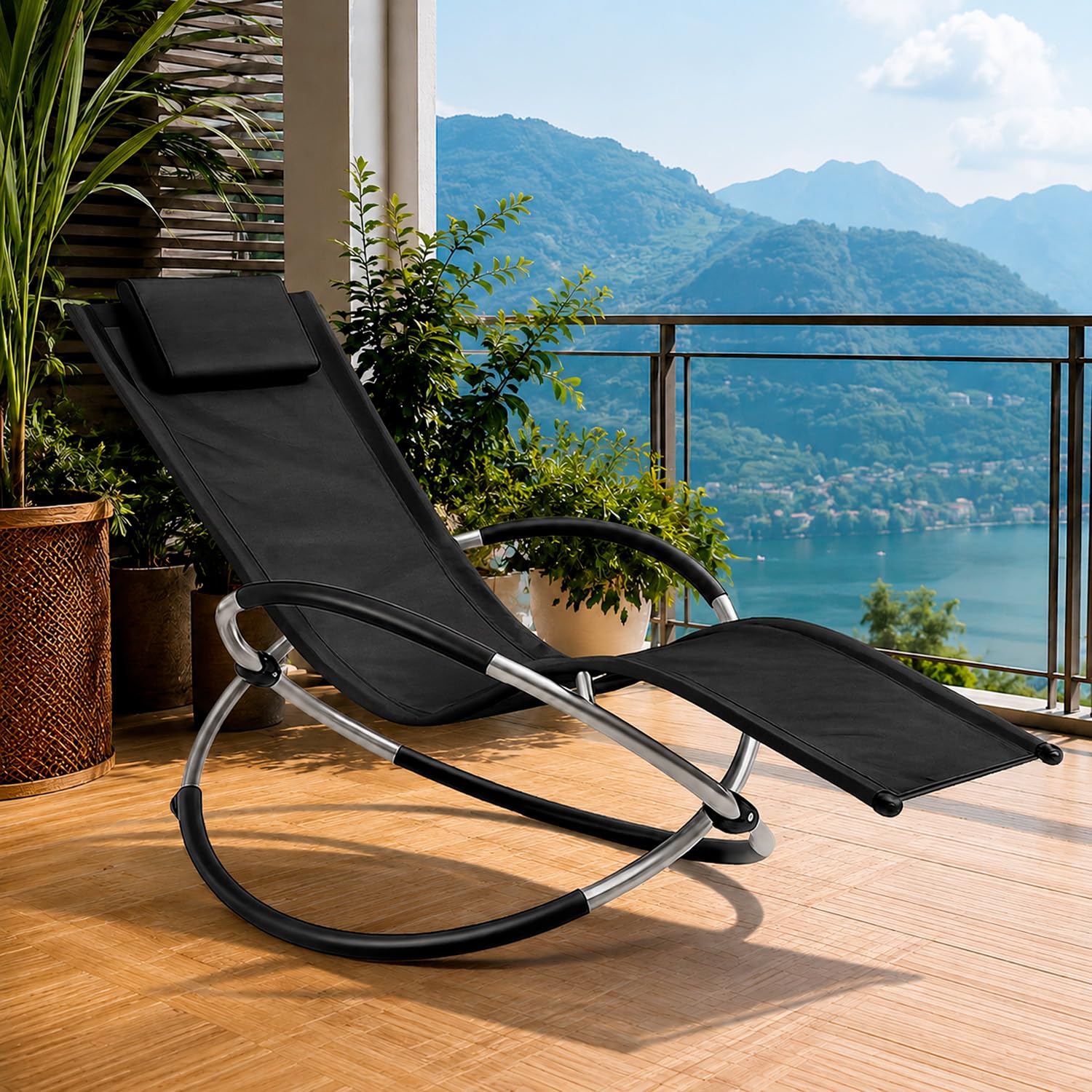 Poltrona Basculante Sdraio A Dondolo Da Giardino Con Poggiatesta Removibile In Textilene Traspirante Telaio In Metallo Ergonomica Relax Piscina Terrazzo Outdoor 73 x 150 x 93 Cm Nero