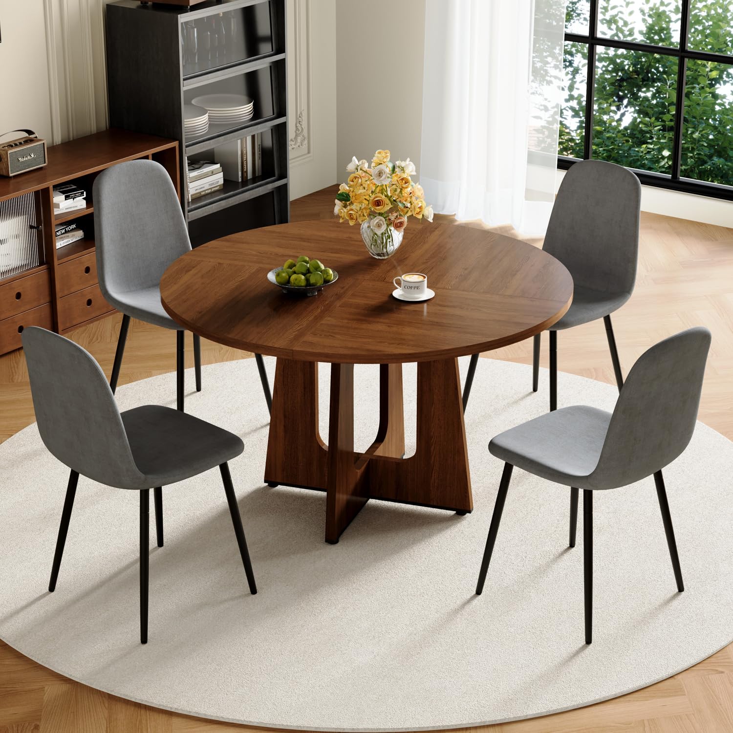 47" Round Dining Table Set for 4, Walnut Wood Grain Table and 4 Chairs Set