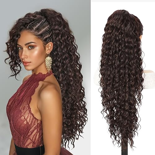 Miniatura 28 de QGZ Extensión de cola de caballo con cordón para mujeres negras de 18 pulgadas, cola de caballo afro sintética larga y rizada para uso diario