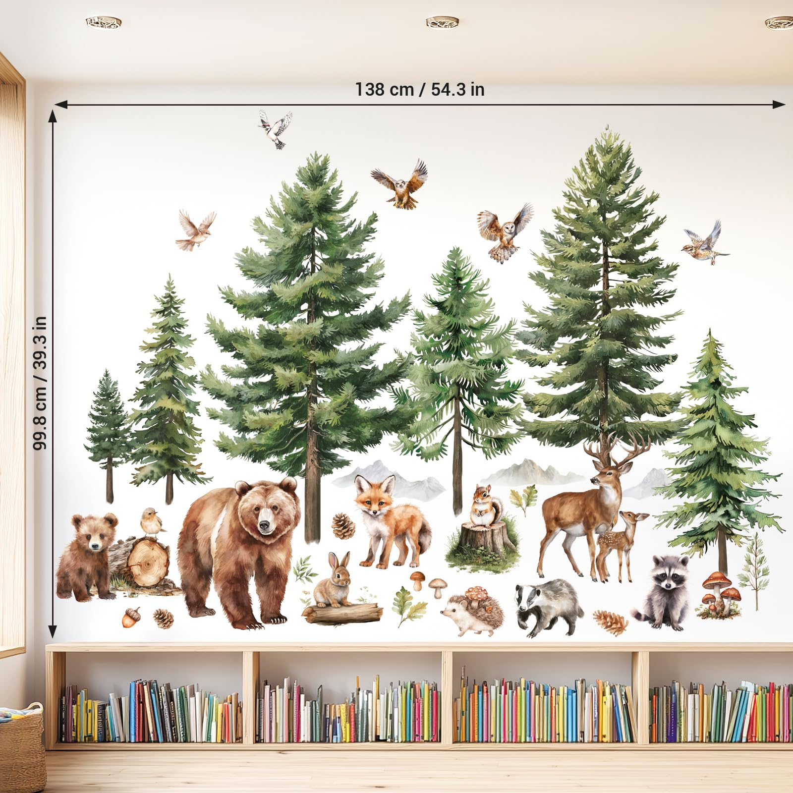 DECOWALL Sticker mural forêt – Aquarelle ours, cerf & renard avec arbres, autocollants muraux détachables pour chambre d'enfant, chambre de bébé, salle de jeux (SG4-2520)