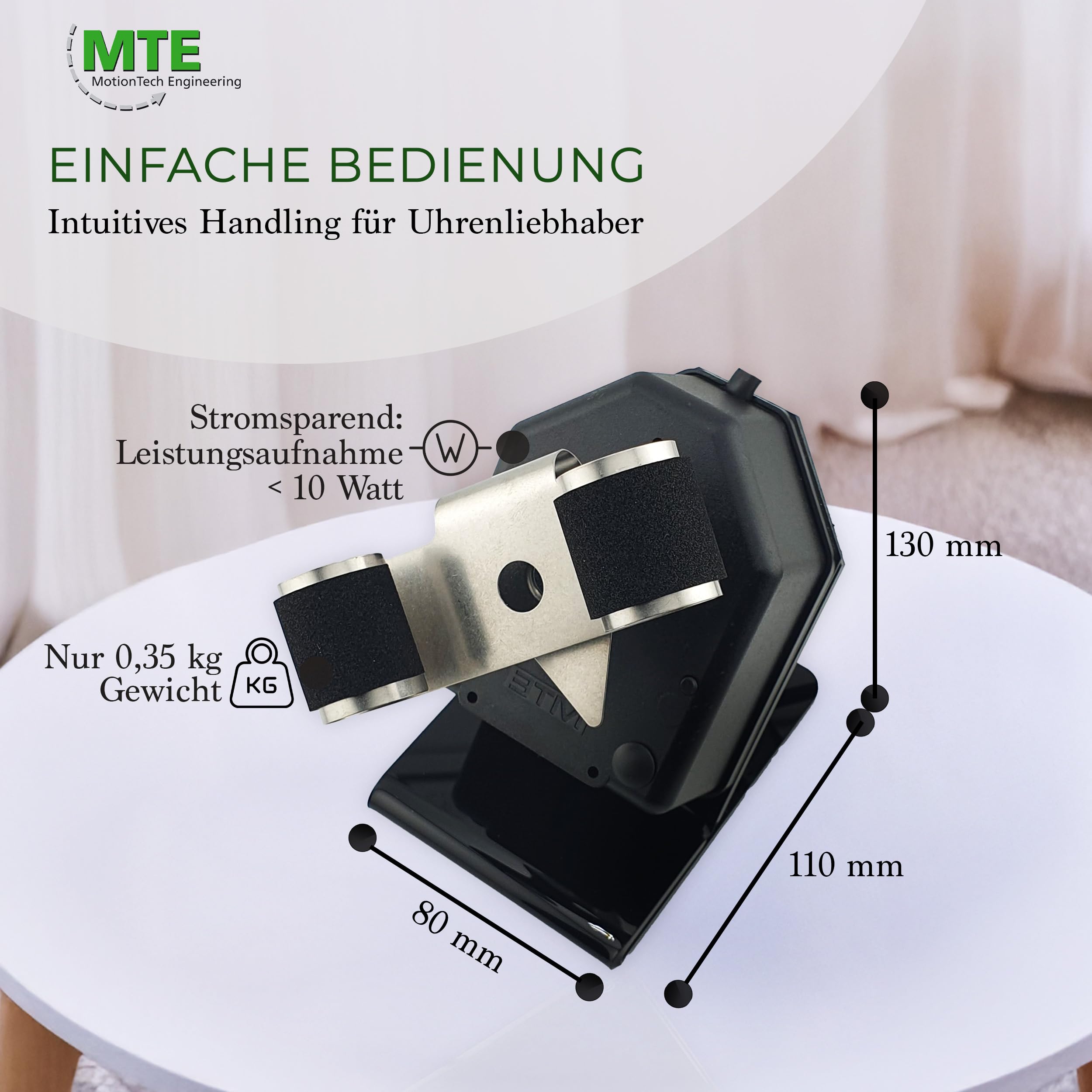 MTE Bewegungstechnik Uhrenbeweger (WTS 220 Schwarz) – Uhrenbeweger für Automatikuhren – Uhrendreher mit Synchrongetriebemotor – elegantes Design & hochwertige Qualität – Made in Germany