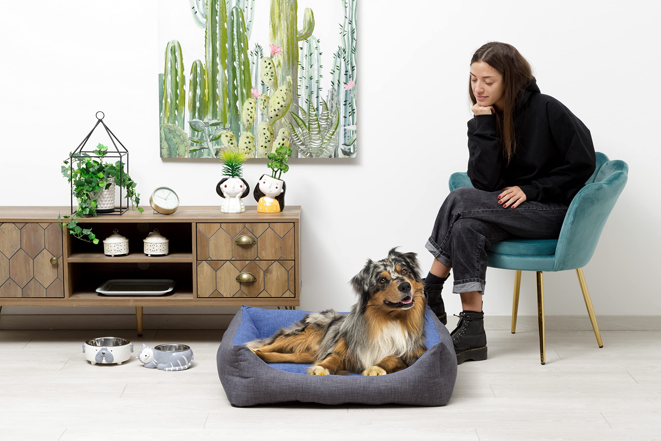 Baroni Home Cuccia per Cane in tessuto Grigio e Blu Taglia L 70 x 85 cm, Morbido Divano Rettangolare, Comodo, per Camera da Letto Salotto Corridoio, Lavabile