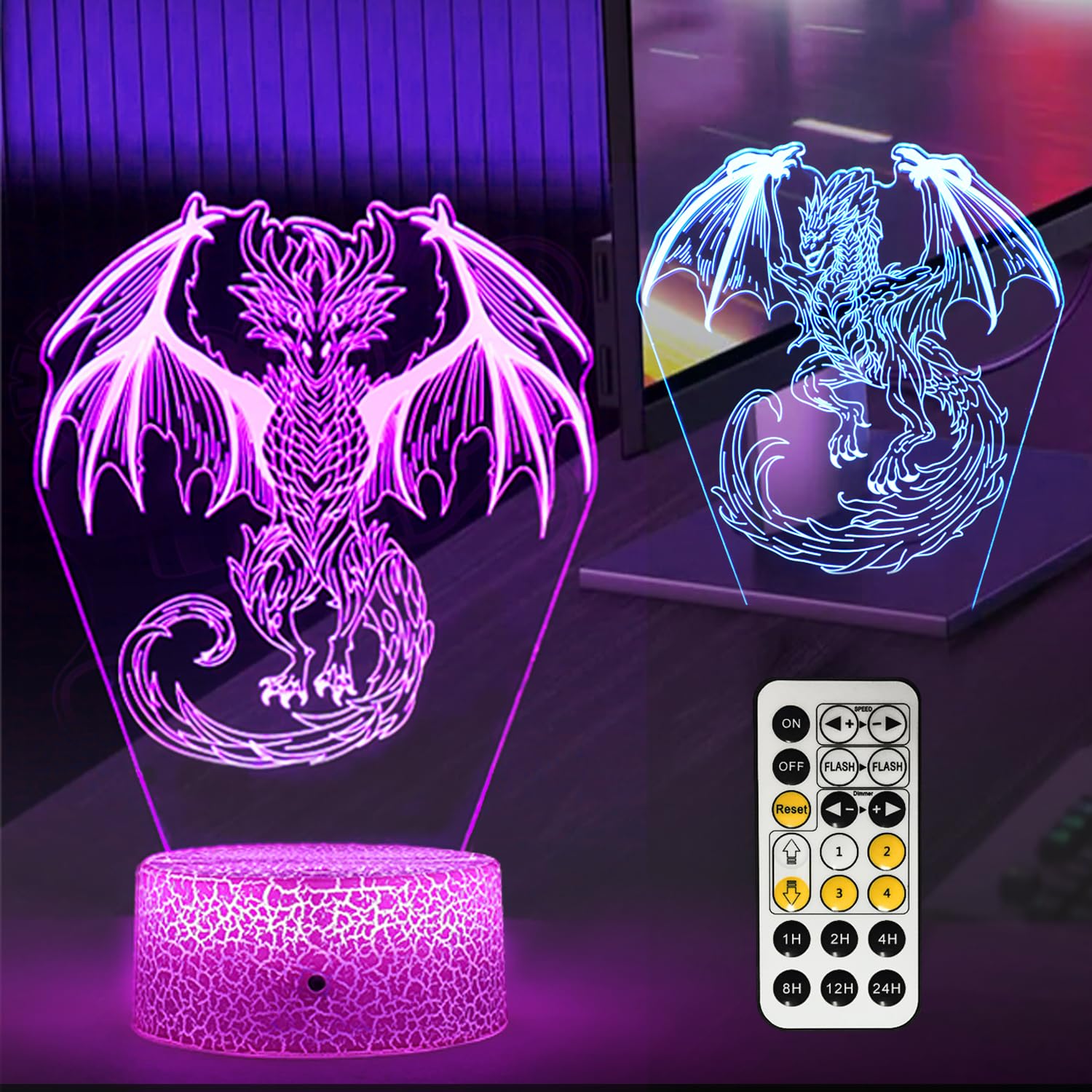DQQDFTF Dragon Girls Night Light for Kids Room 3D Illusion lamp (2 Patterns) 7 Colors Changing Dimmable Dragon Toys Gifts Decorative Lights as Xmas Holiday Birthday Gifts for Boys