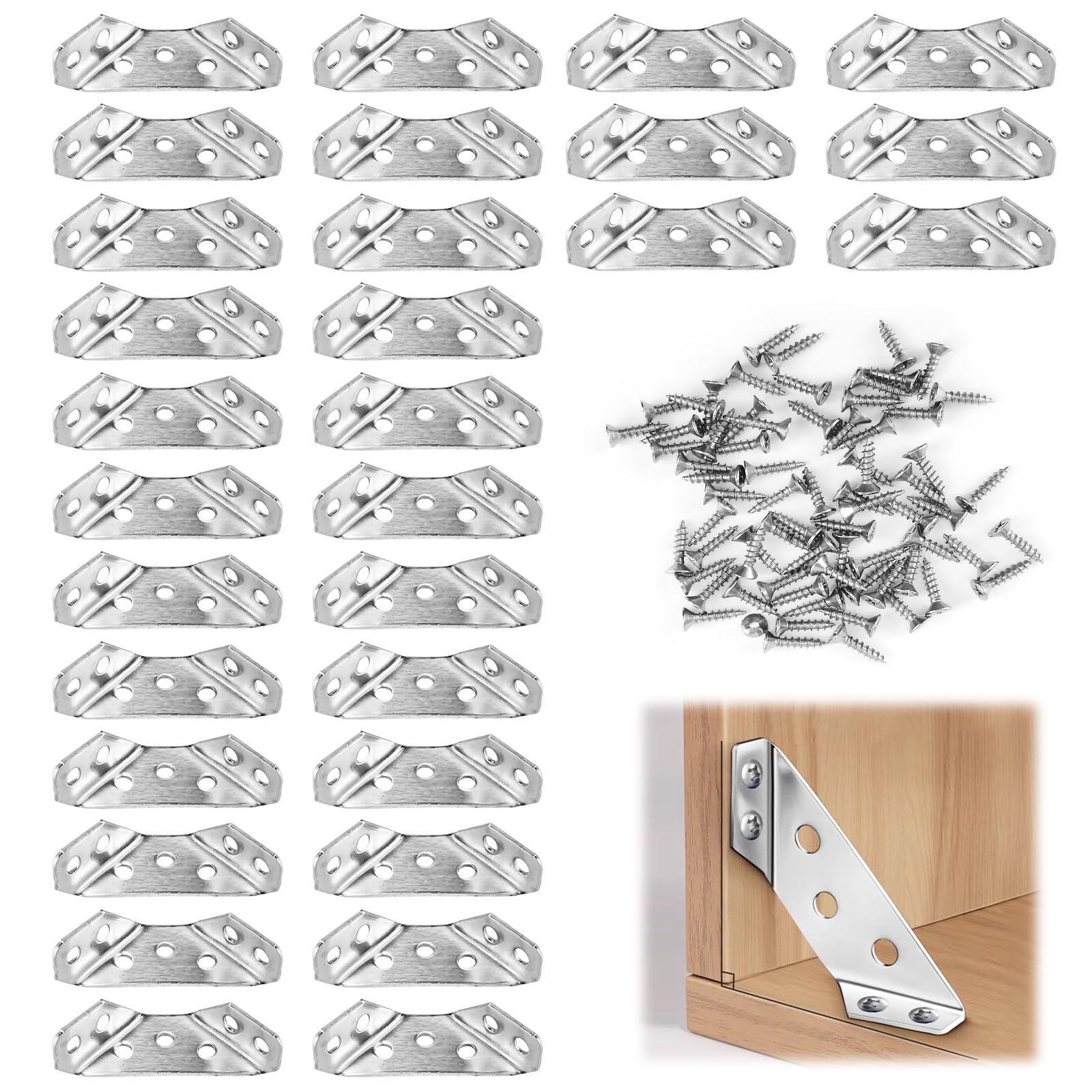 30 Piezas Escuadra Madera, Soporte de Esquina Multifuncional, Conectores de Metal, para Estantes de Madera, Armarios, Mesas, Sillas, Muebles, con 210 tornillos