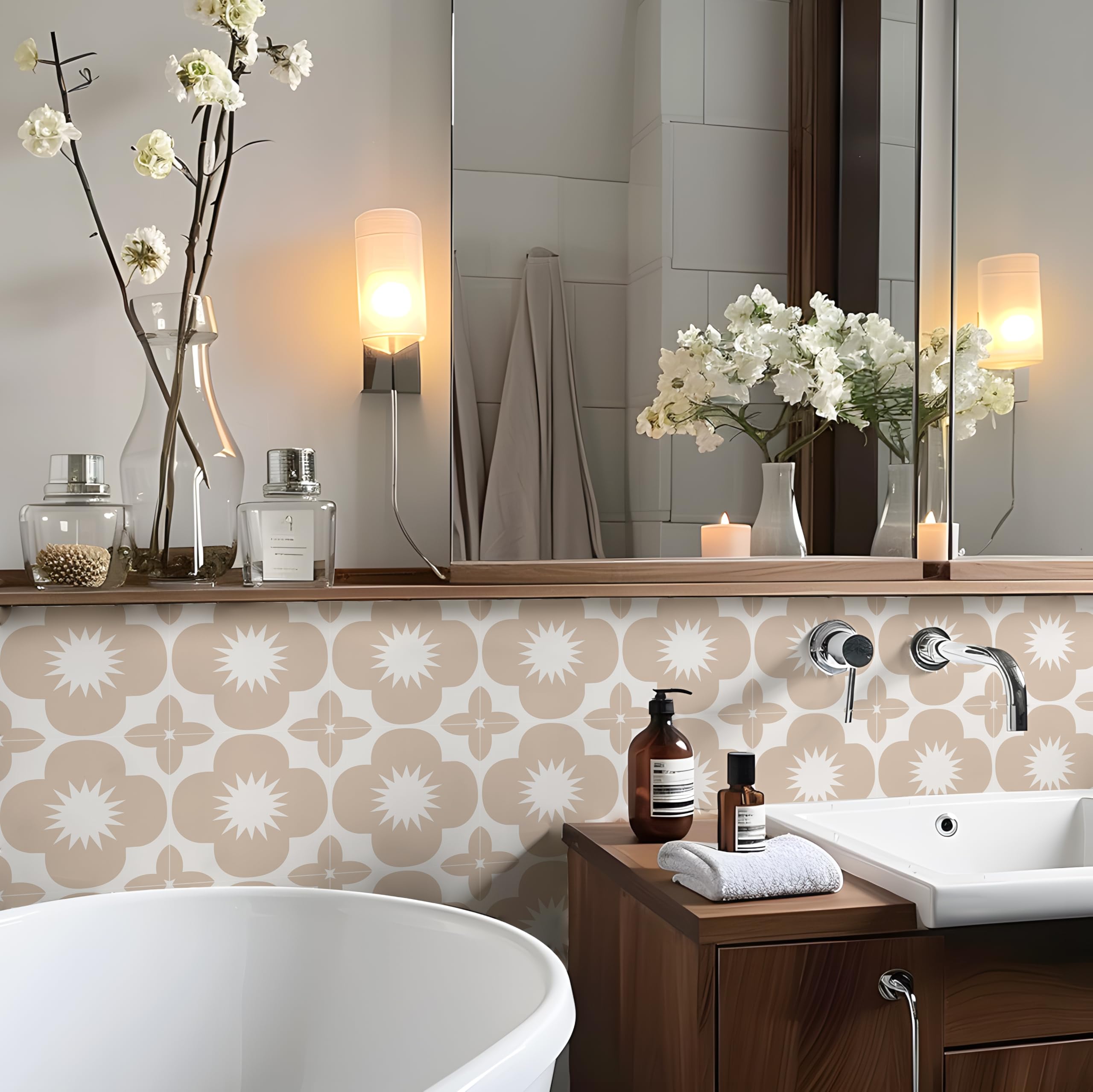 Alwayspon Tile Sticker, 15cm/6inch Beige Floral Self Adhesive Stick on Tiles Transfer Sticker for Bathroom Kitchen, Splashback, Peel and Stick Vinyl Floor Wall Tiles Sticker — image 1