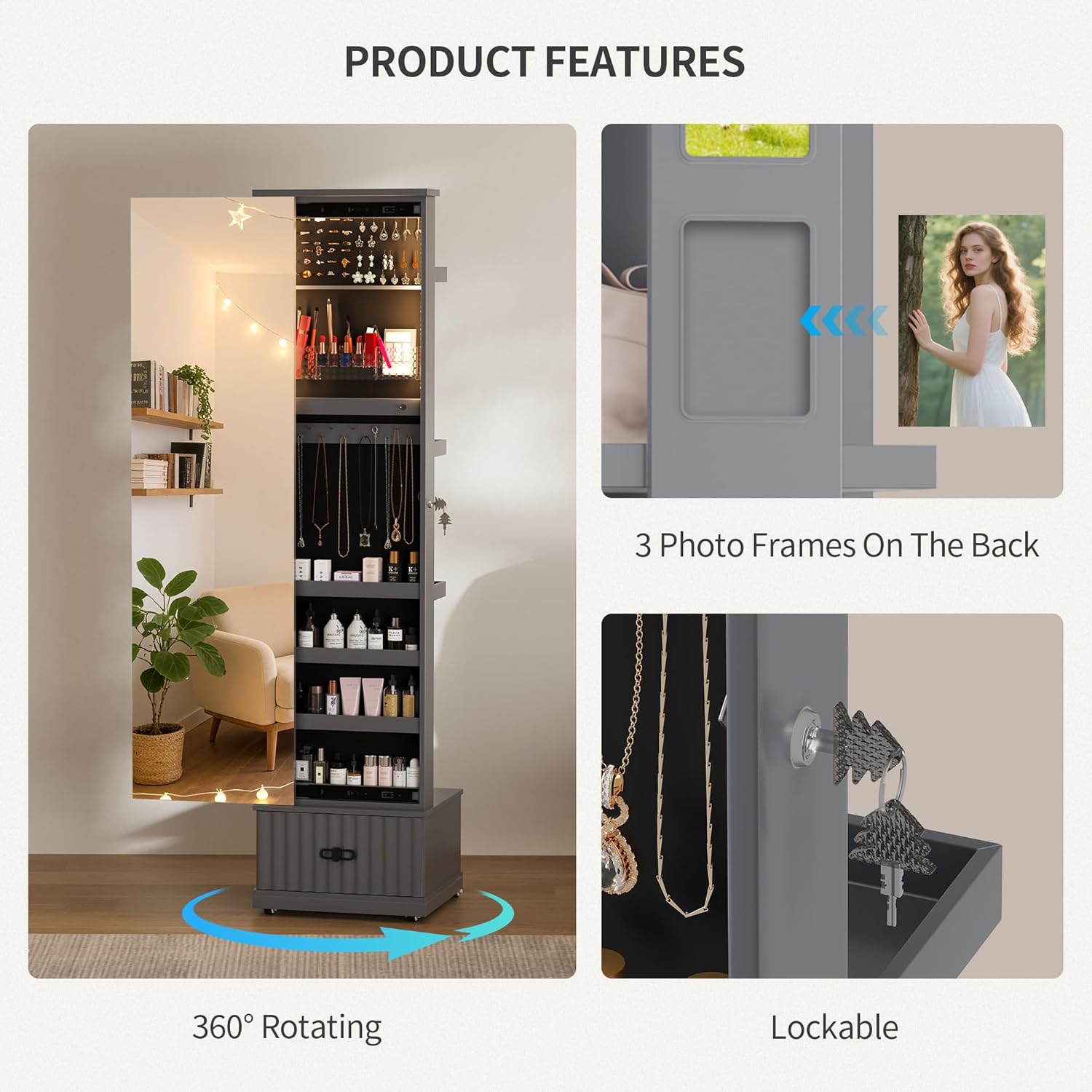 Image highlighting the 360° rotating feature and lockable mechanism of the Lvifur Jewelry Cabinet.