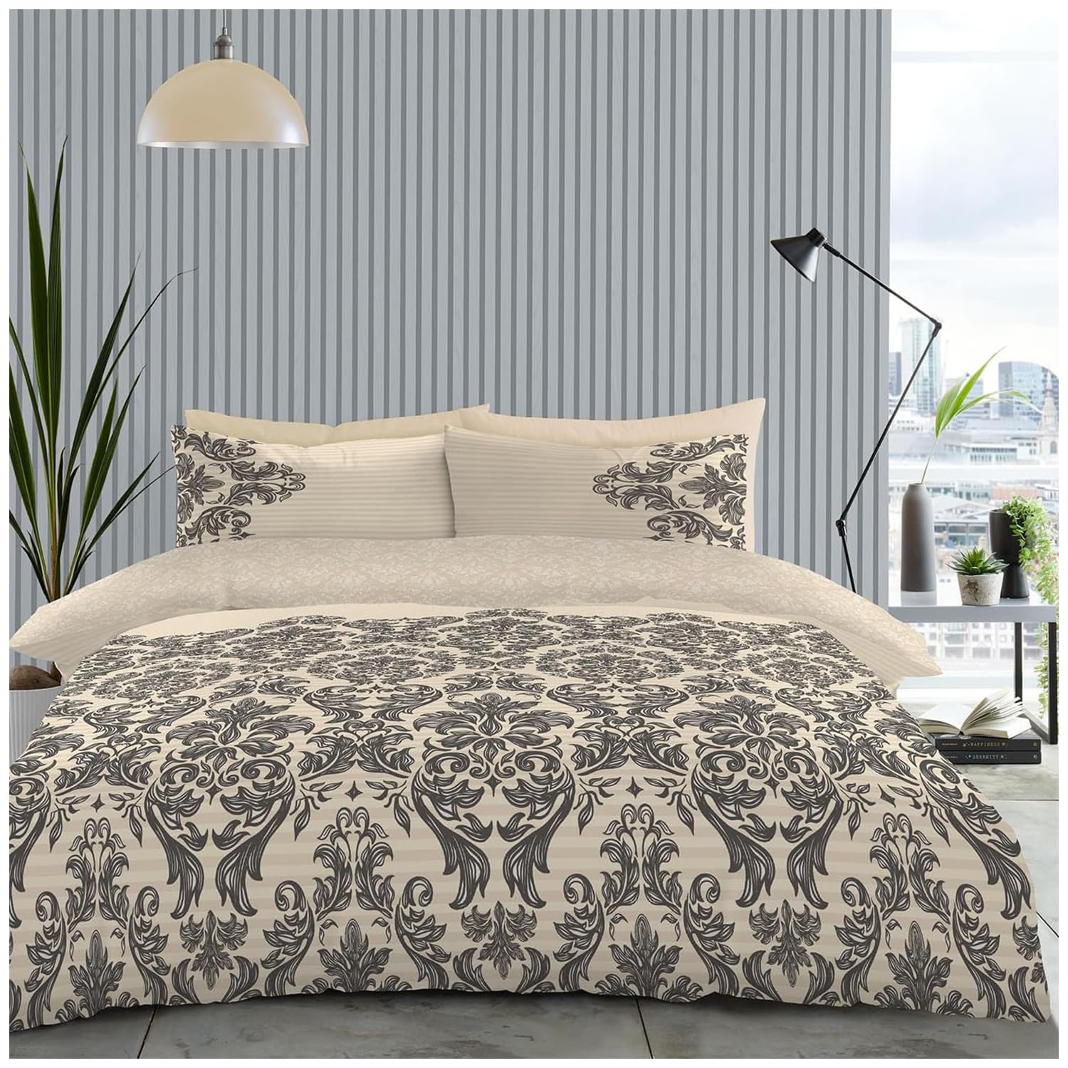 Gc Gaveno Cavailia Empire Damask Cream Damask Floral Textured Double Bedding Set - Reversible Bedding With Matching Pillowcases - Floral Pattern Double Bed Duvet - Cream