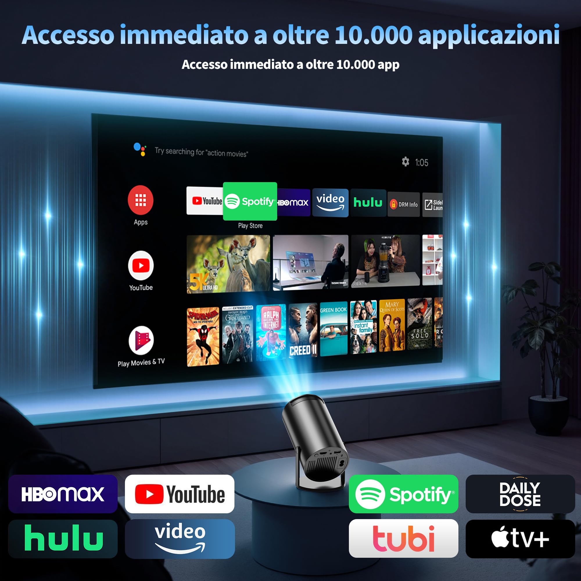 Proiettore 1080P FHD [2026 Upgraded] Mini Proiettore Portatile 4K con WiFi 6 BT 5.2 Videoproiettore Supporta Rotativo a 270°Projector Auto Keystone TV Stick/USB/HDMI/PC con Cavo HDMI & Mouse, Nero