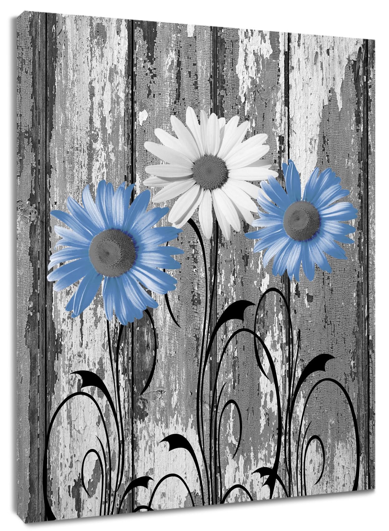 HVEST Farmhouse Blue Floral Wall Art for Living Room Grey and White Daisy on Rustic Wood Pictures Wall Decor Flower Nature Plant Framed Canvas Wall