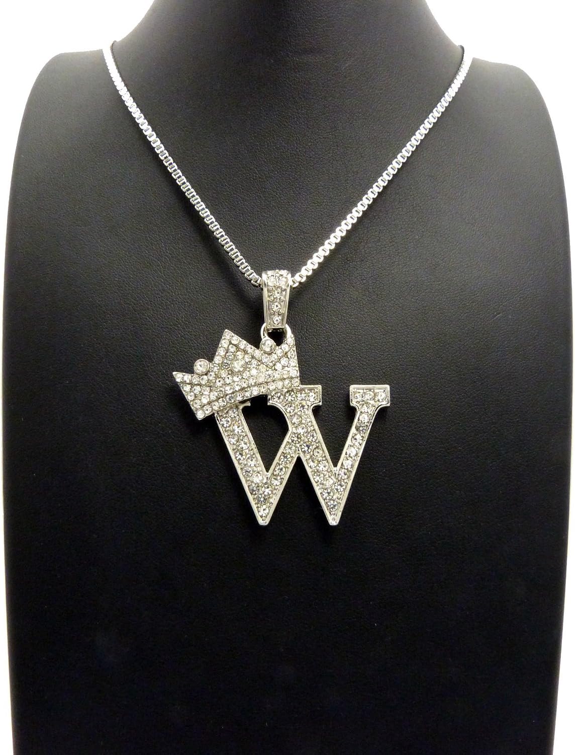 Fashion 21 Iced Out King Crown Alphabet Initial Pendant 2mm 24" Box Chain Necklace in Gold, Silver Tone (W - Silver)