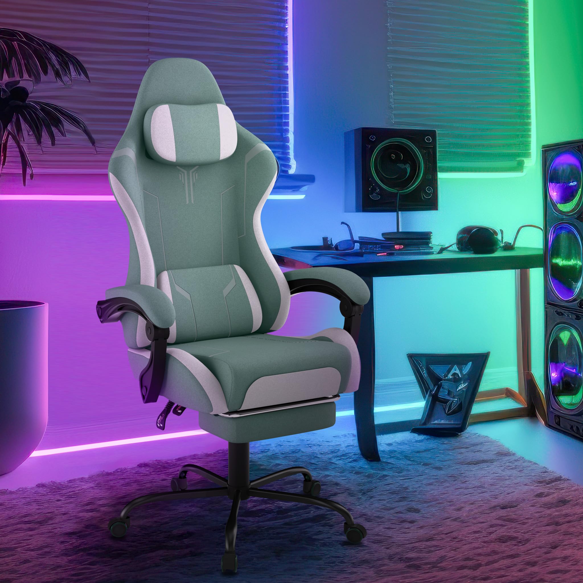 ACXIN Silla de gaming con reposapiés y reposacabezas, silla ergonómica para gaming con cojín lumbar de masaje, respaldo ajustable 90-135°, reposabrazos acolchados para gamer - Verde