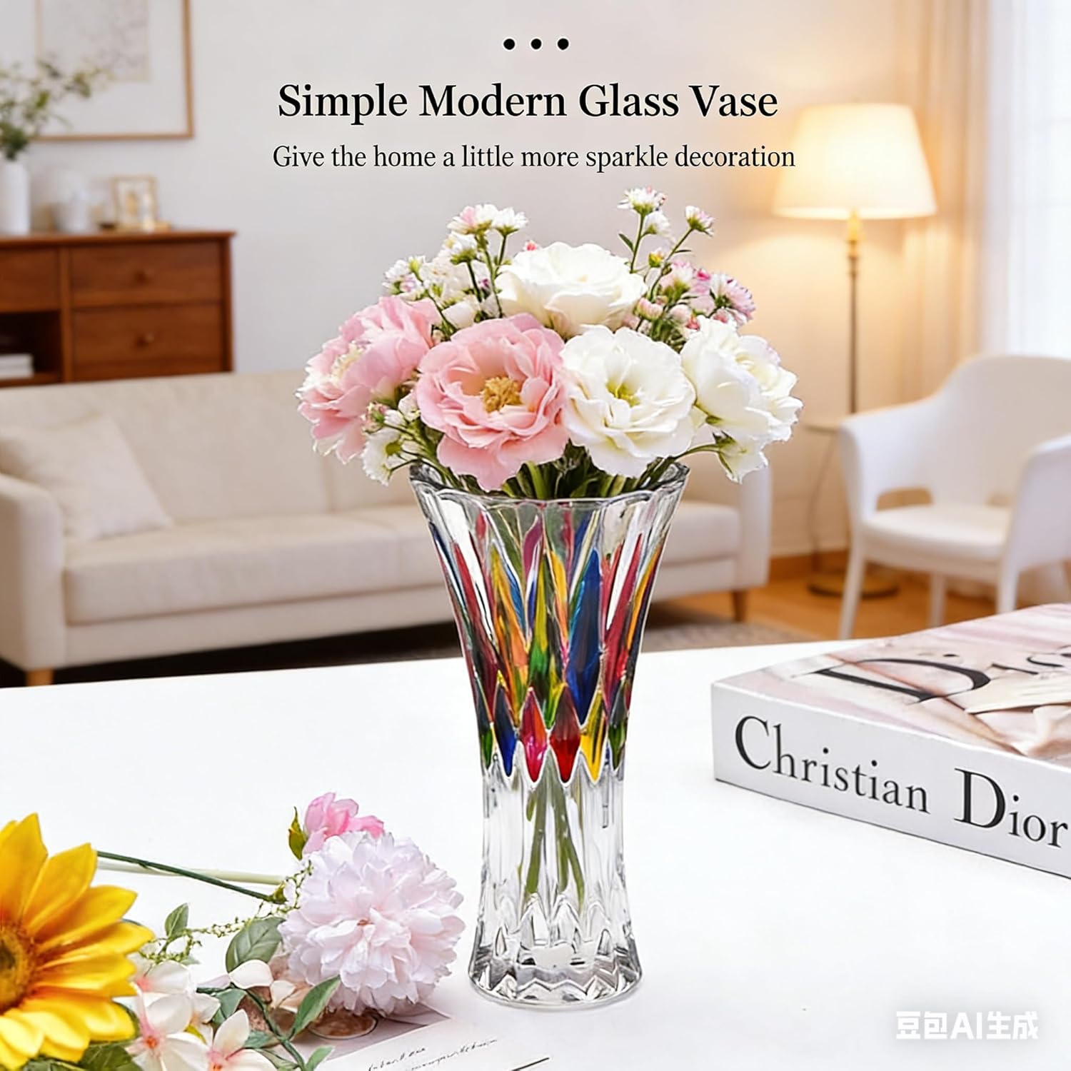 Glass Vase for Flowers Modern Vases Home Decor Unique Flower Vase for Bouquet 7.7" Centerpiece Vase Decor Room,Living Room,Library,Office,Table,Entryway,Modern Farmhouse(Crystal Clear)