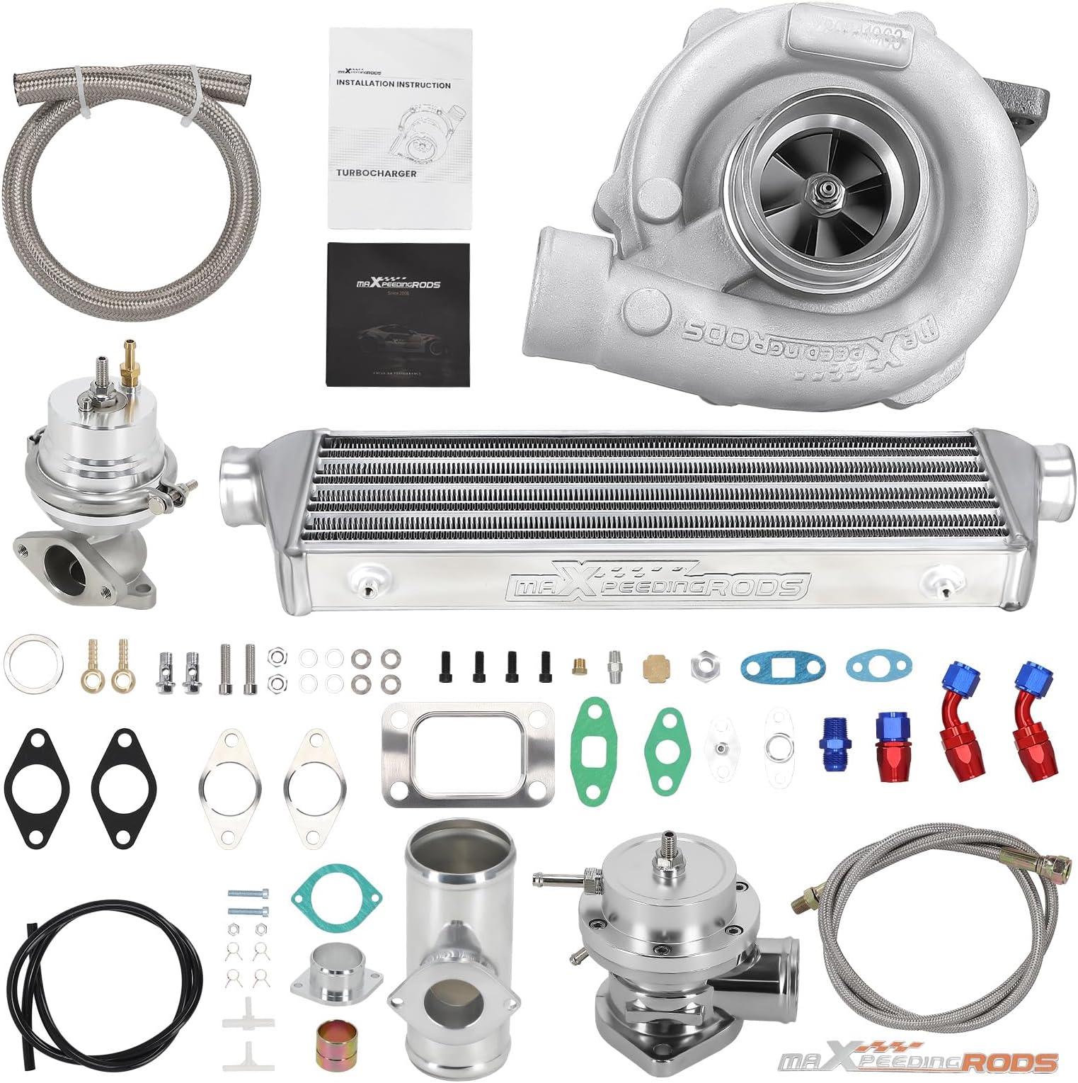 maXpeedingrods T04E T3 T4 Turbo Turbocharger Kit 400HP with Wastegate + Oil Feed Return Line Kit