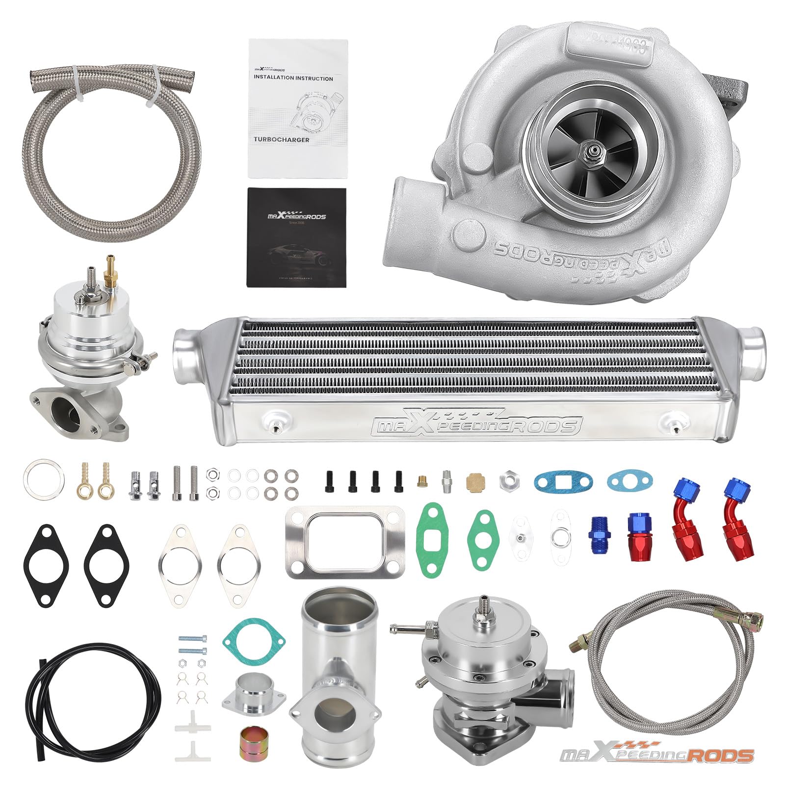 maXpeedingrods T04E T3 T4 Turbo Turbocharger Kit 400HP with Wastegate + Oil Feed Return Line Kit