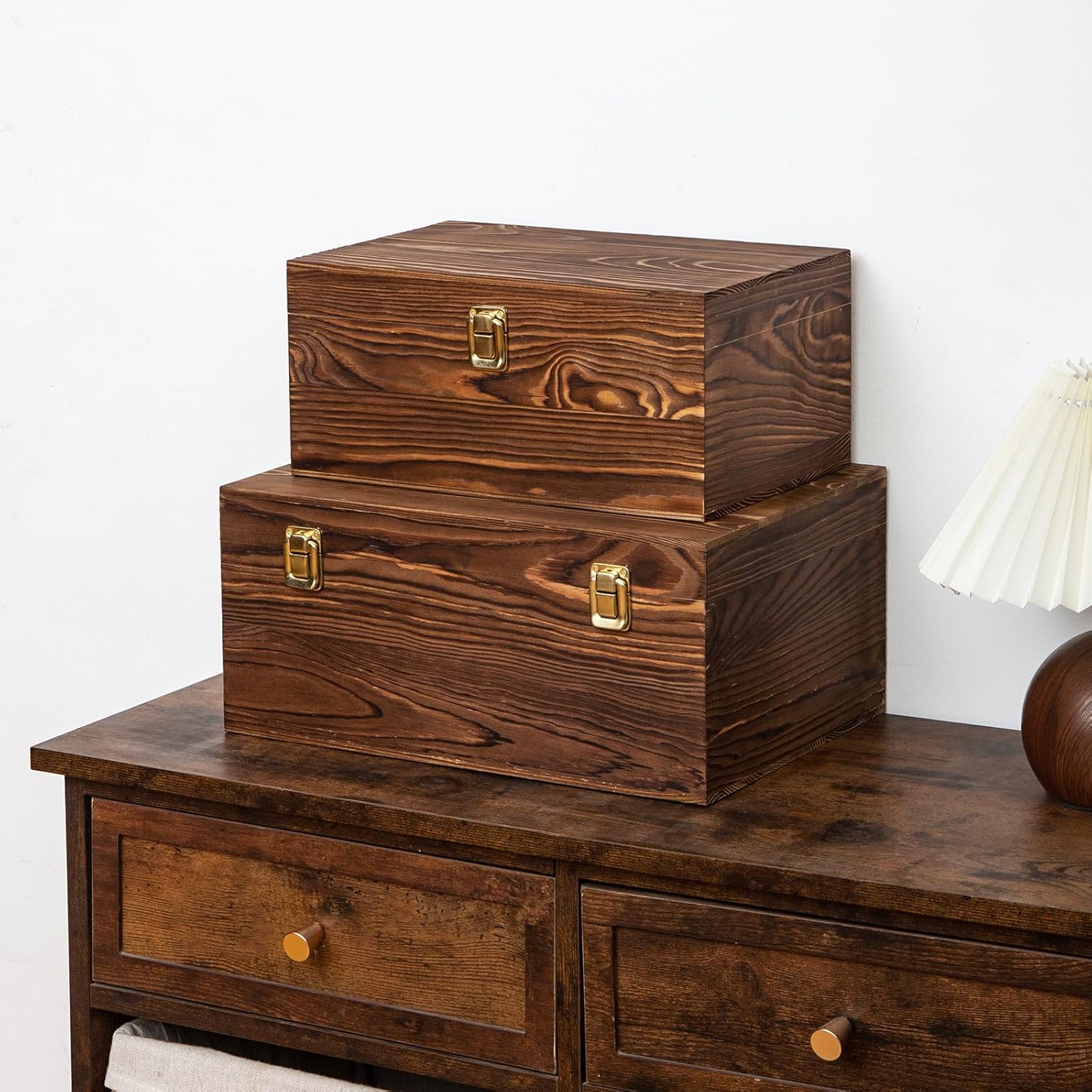 Set of 2 Vintage Bown Wood Boxes with Hinged Lid & Metal Latch, Wooden Crates Set for Photos, Letters, Crafts & Home Organization, Farmhouse Rustic Decor (Vintage Brown)