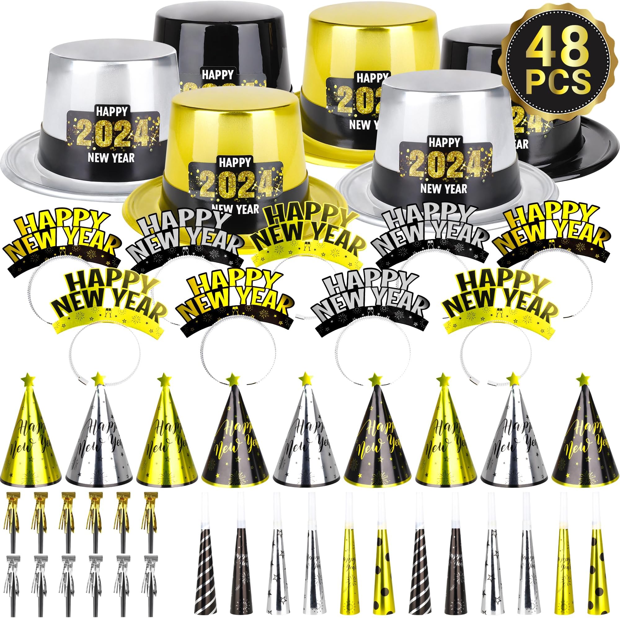 48PCS New Years Eve Party Supplies 2025, Serve 24 People Happy New Year Top Hats Cone Hats Headband Tiara Noise Makers Blowers Horns, NYE Decorations 2025 Party Favors Black Gold Silver Party Kit