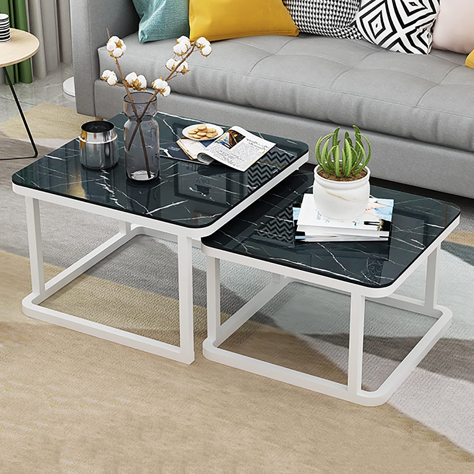 Table basse gigogne effet marbre et verre trempé blanc de 70 cm