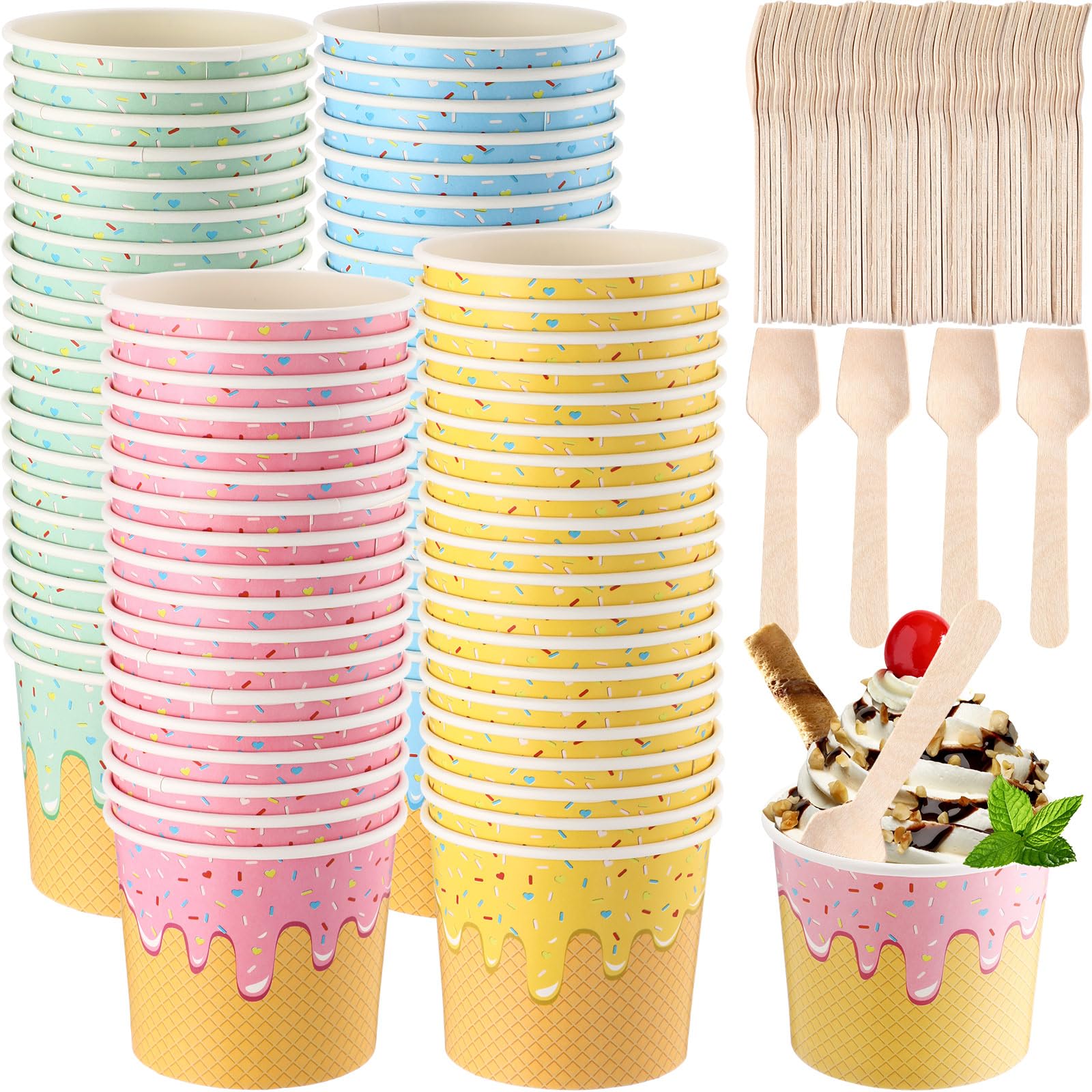 Ninehaoou 100 Pack Paper Ice Cream Cups with Spoons Paper Dessert Cups Colorful Sundae Bowls Disposable Ice Cream Containers for Hot Soup Summer
