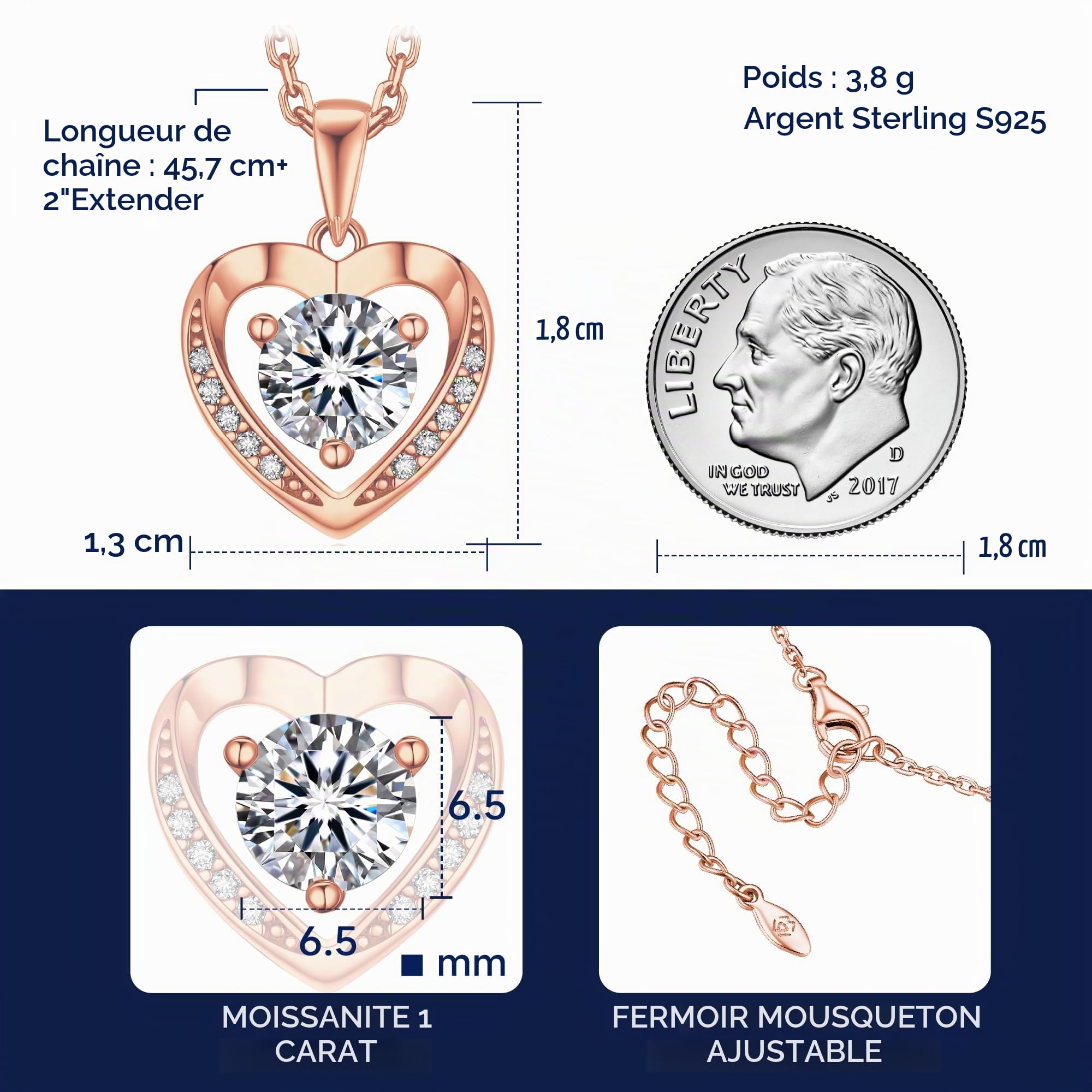 MomentWish Collier Femme Argent 925 1-2 Carat Moissanite Cœur Bijoux Cadeau