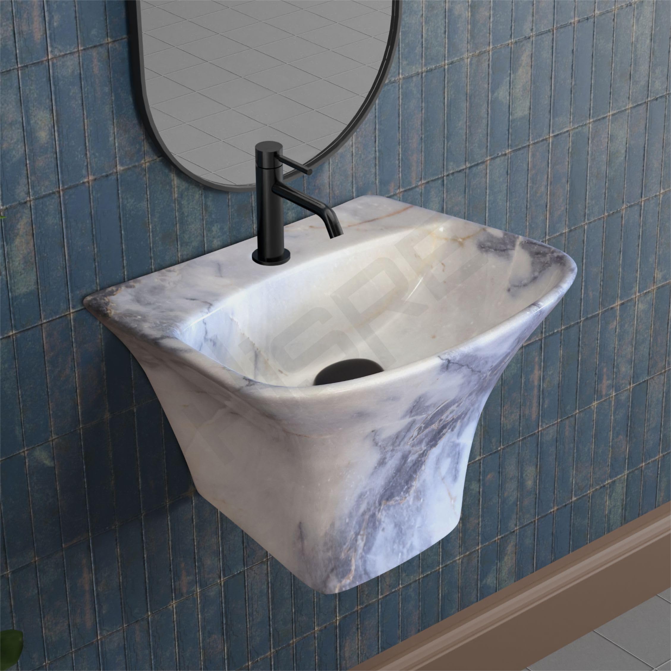 Hisre Modern Wall-Mounted Matte Ceramic Wash Basin with Curved Rectangular Design | Space-Saving Floating Bathroom Sink for Contemporary Interiors (White 1049), photo 1 of 5