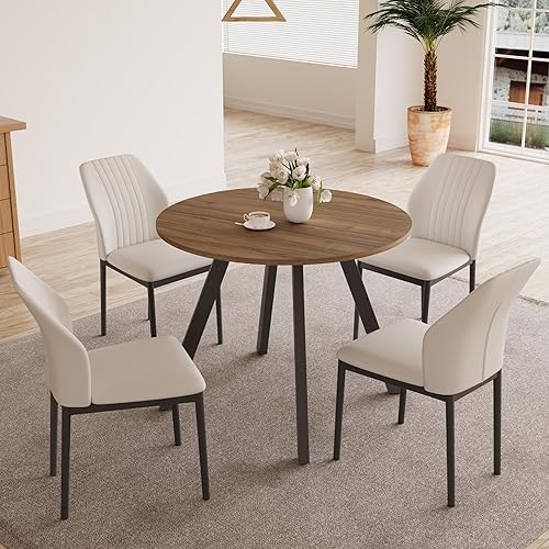 Miniatura 7 de Mesa de comedor redonda de 34.6'' y sillas para 4, ahorro de espacio para apartamento, cocina, comedor (Mesa de nogal+4 sillas blancas) Mesa de