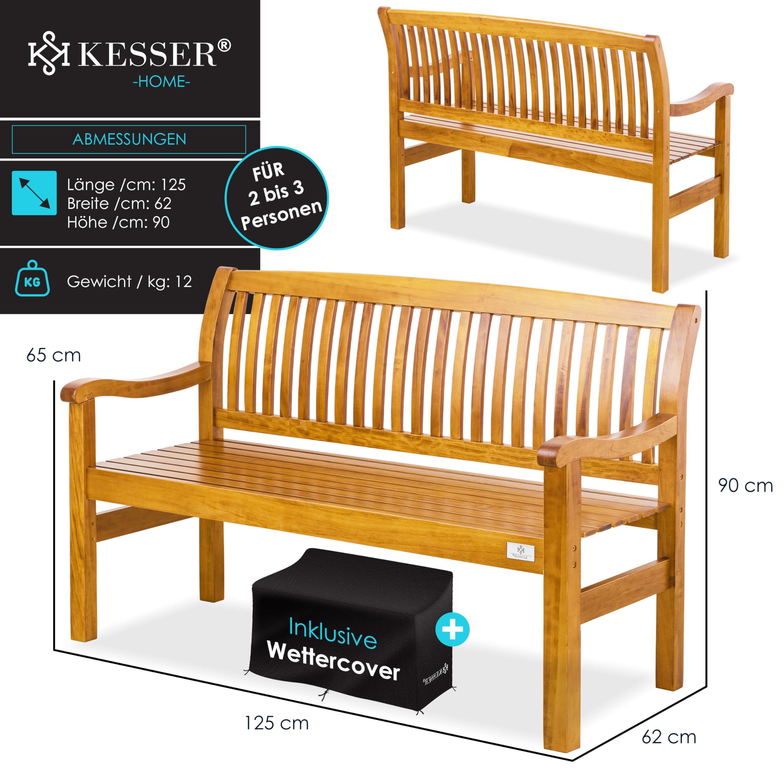 KESSER® Banco de Jardín de Madera Resistente a la Intemperie | 225 kg para 2-3 Personas | Banco de Parque de Madera Maciza | Asiento 125 cm | Balcón, Terraza y Jardín Incluye Cubierta Marrón Claro