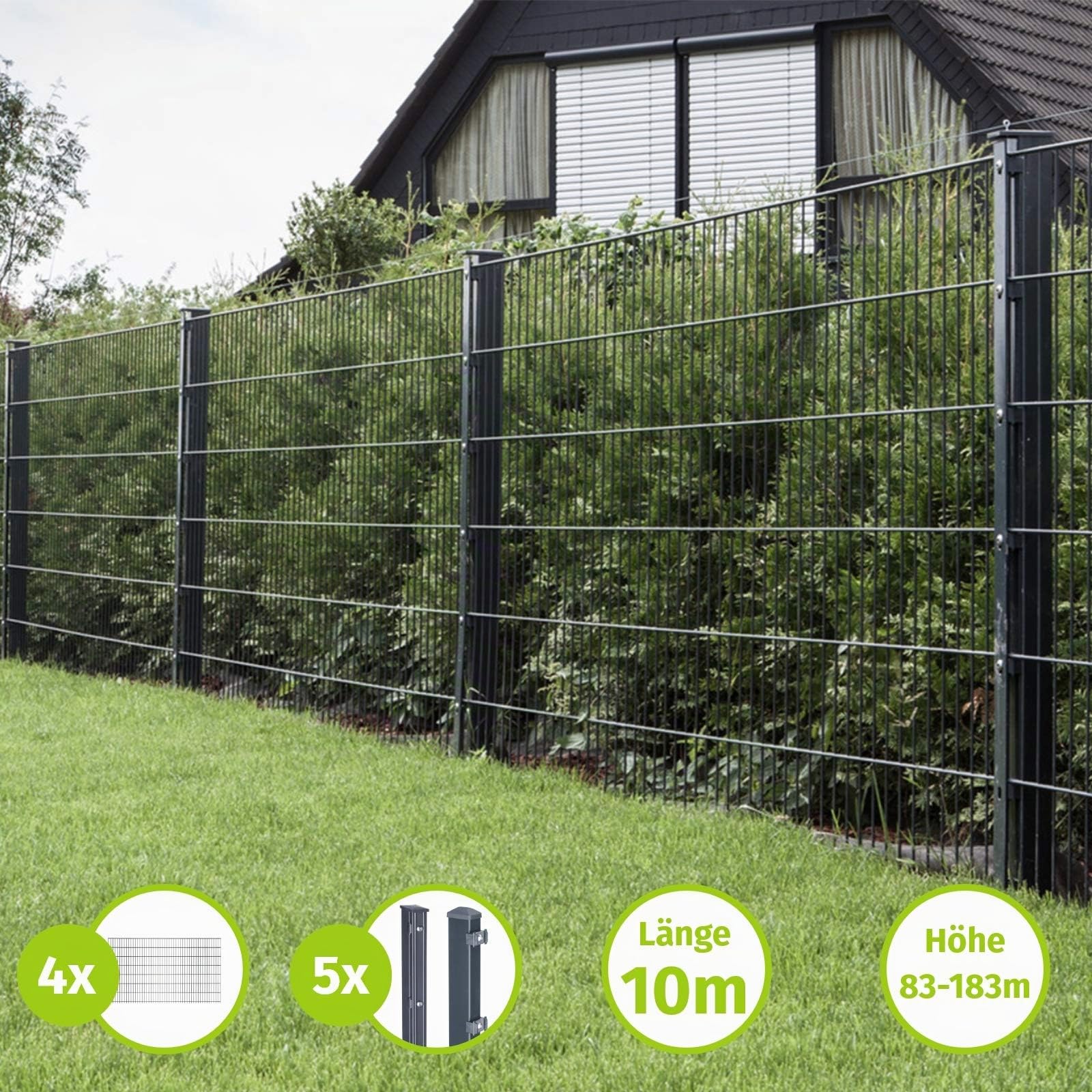 HORI Doppelstabmattenzaun 8/6/8 Zaun Komplettset Verschiedene Längen und Höhen inkl. Pfosten Gartenzaun in Anthrazit Ideal für Sicherheit und Sichtschutz Anthrazit,Grau RAL 7016 Höhe 123 cm - Länge