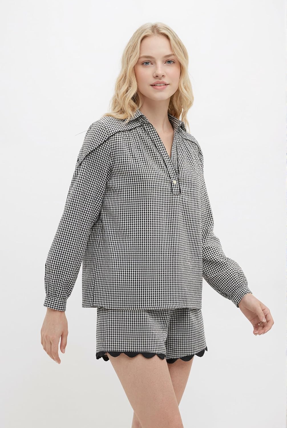 Women's Gingham Set 2 Piece Casual Elegance Round Neck Puff Short Sleeve Summer Scalloped Hem Matching Outfit - Image 5