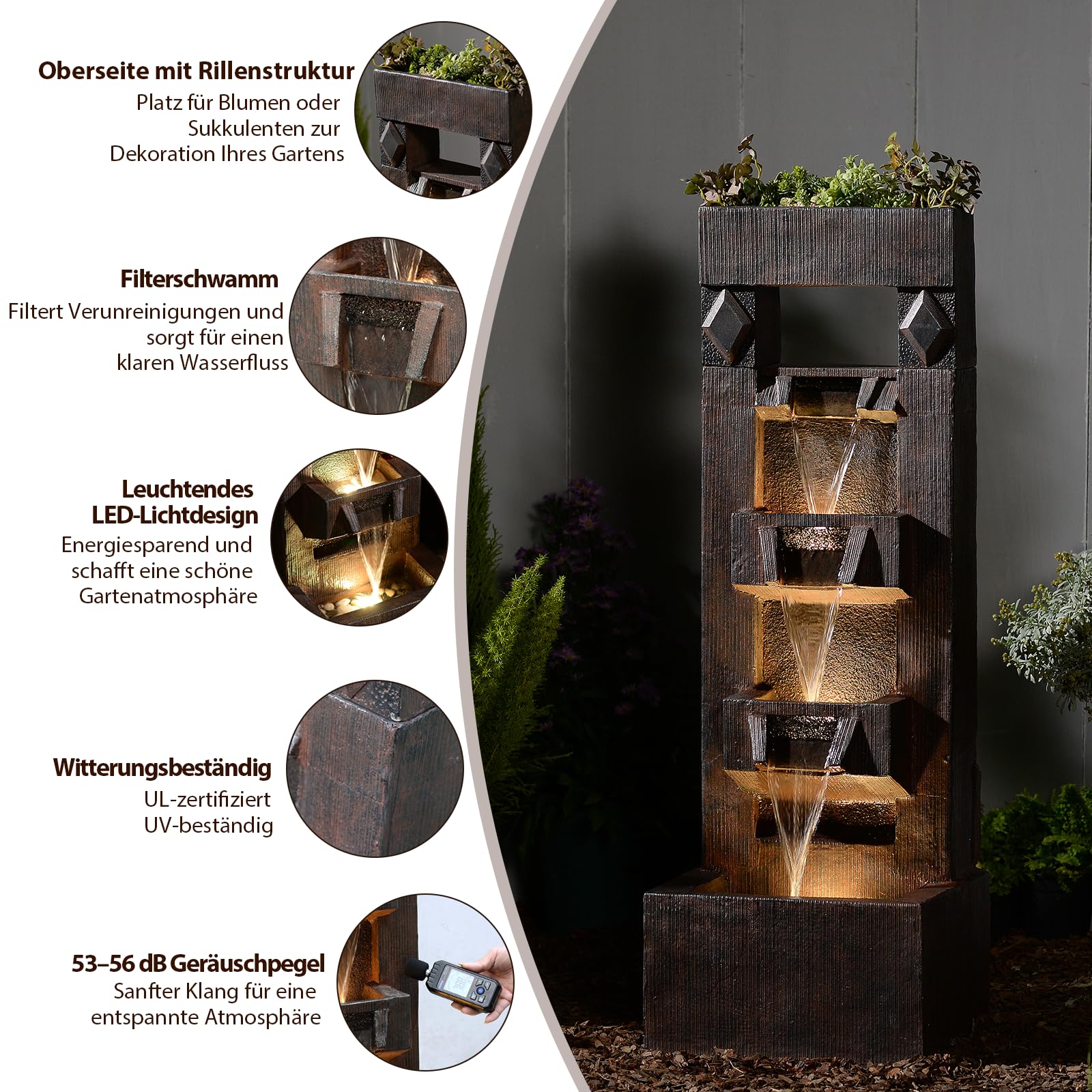 Bumilgar 104 cm Gartenbrunnen, 4-stufiger Wasserbrunnen aus Kunstharz, moderner freistehender Wasserfall mit LED-Lichtern für Terrasse, Garten, Deck, Veranda und Heimdekoration, Braun