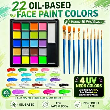 22 Colors Oil Based Face Body Paint Palette with 10 Brushes,Halloween Face Painting Kit,Non Toxic Facepaint Makeup for School Event Zombie SFX Cosplay Costumes Party Art Stage Festival
