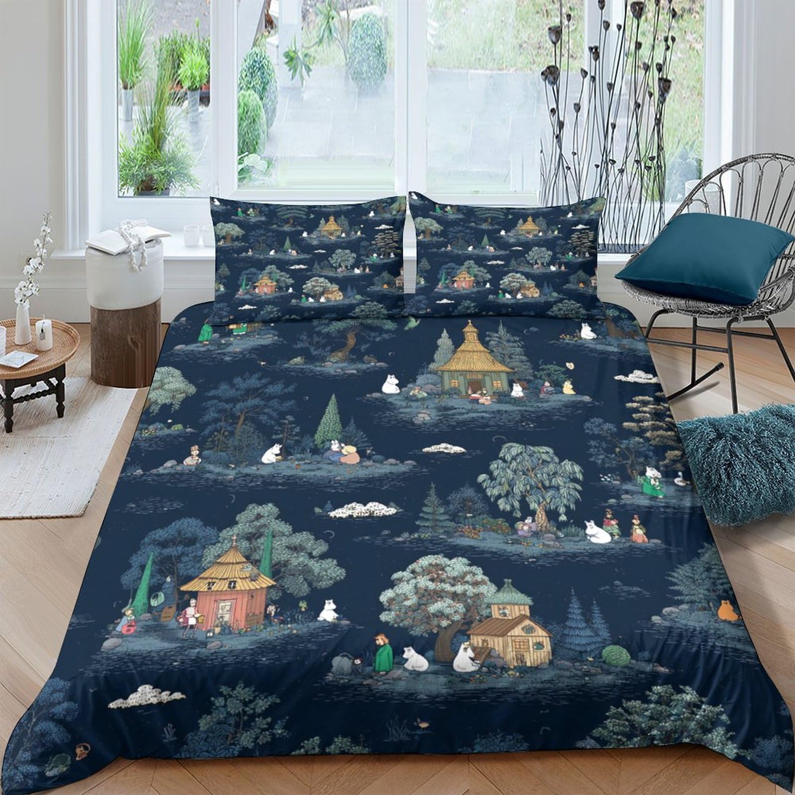 3D Comfortable Microfibre Moomin characters Bed Quilt Cover All Season Bedding Set w/ Pillowcases whimsical forest scene Duvet Cover All Season Breathable Washable for Home Decor Double（200x200cm）