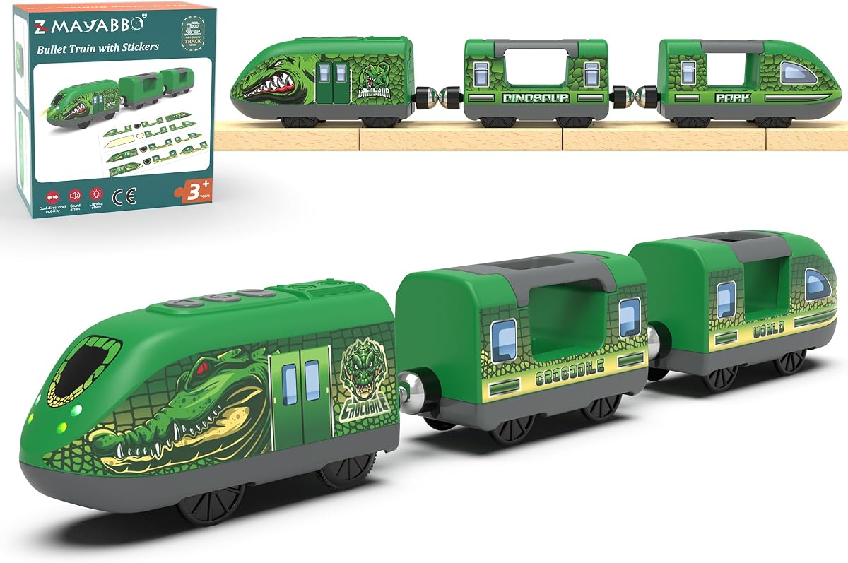 Dinosaur Train for Kids 3-5 – Battery Operated Bullet Train with Opening Doors & DIY Stickers, 3-Car Electric Railway Set Compatible with Thomas & Brio