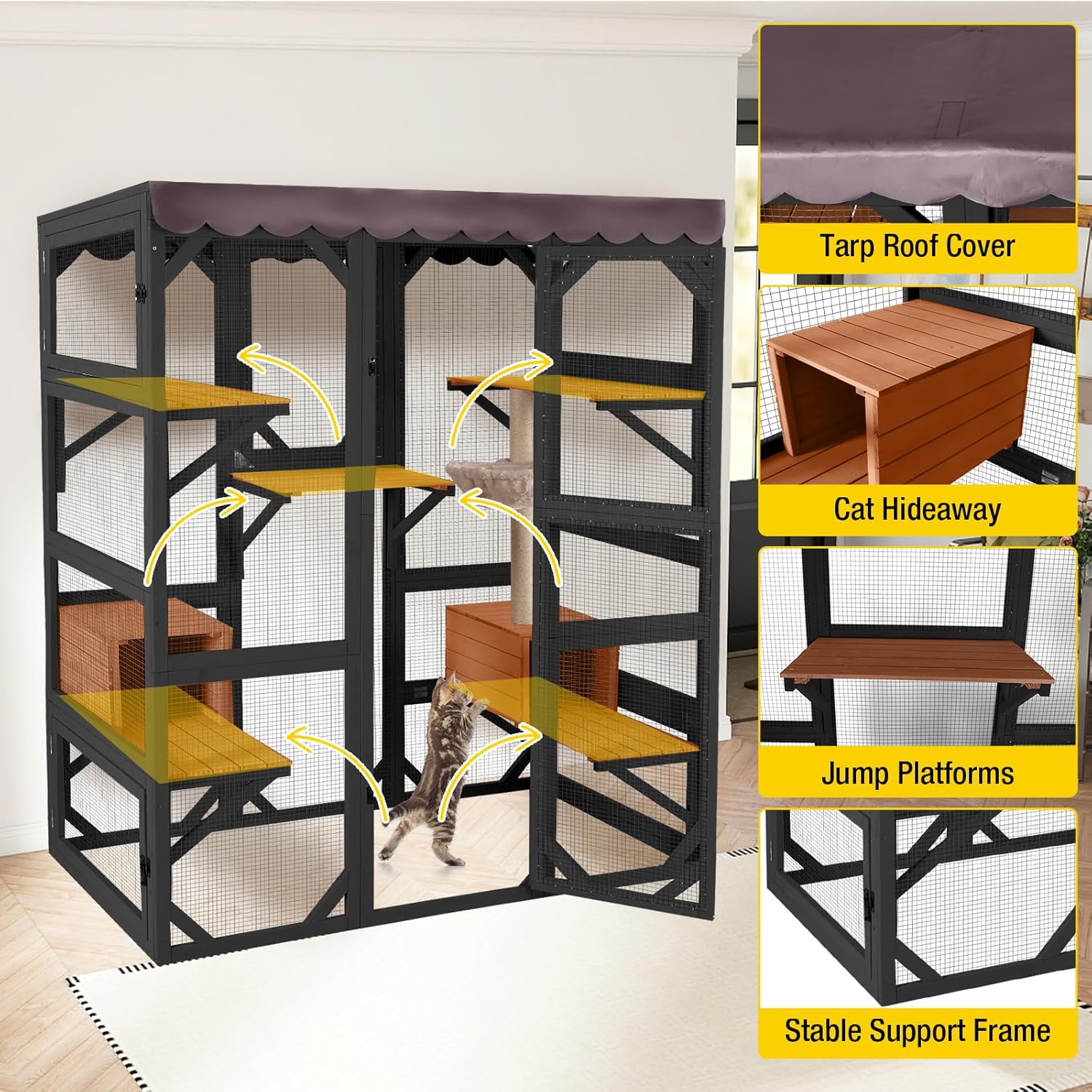 Aivituvin Catio Outdoor Cat Enclosure Large Wooden Cat Cage Condo Playpen for Multiple Cats Waterproof Cover for Indoor Outdoor (Black)