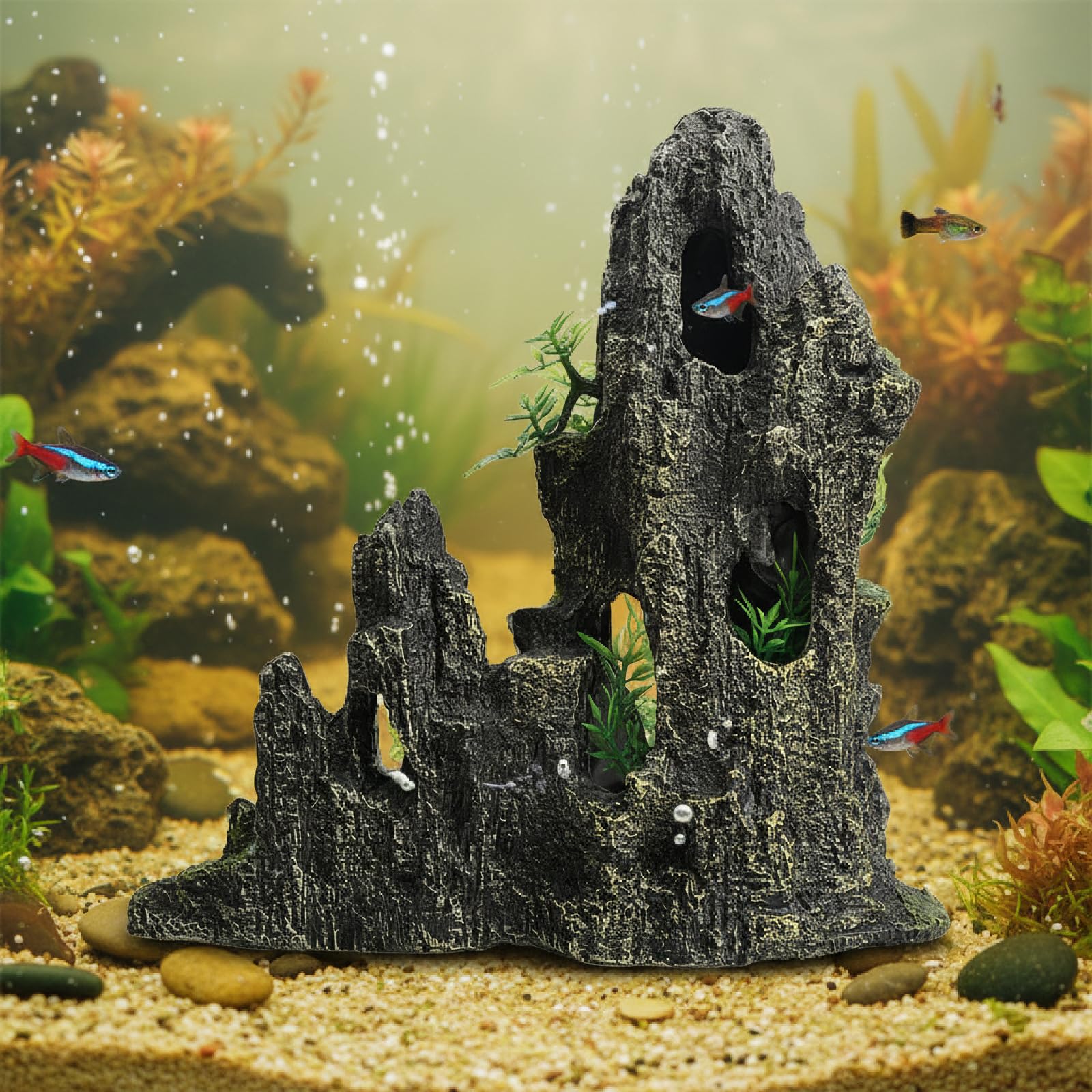 AnRui Large and Tall Aquarium Mountain View Stone Decorations Resin Betta Rock Aquascaping Hiding Cave Ornaments Fish Tank Accessories Decorations with Small Plants : Pet Supplies