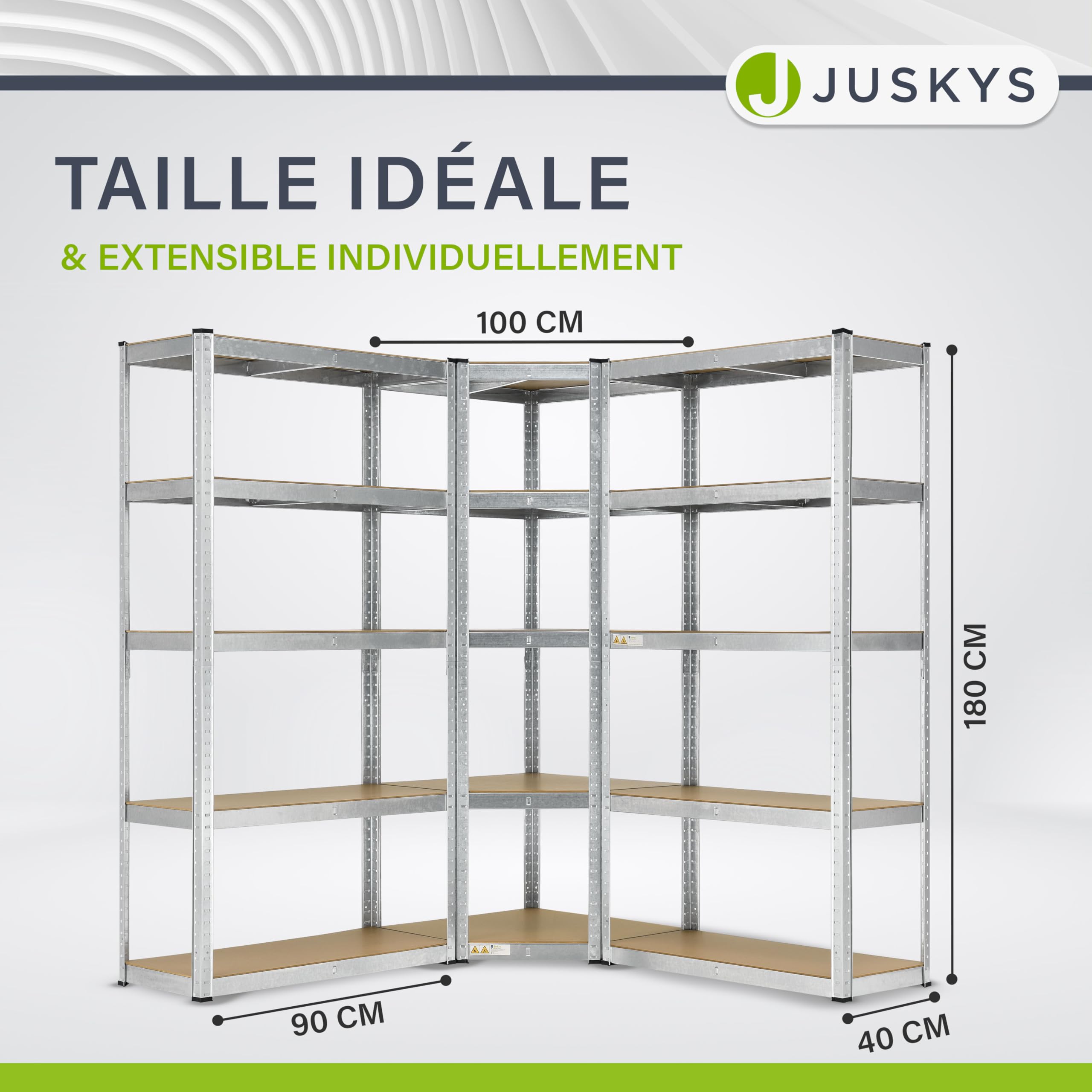 Juskys système de 3 étagères Basic| 1 étagère d'angle et 2 étagères de Stockage | 15 Planches en Bois MDF | 2 625 kg | Étagères pour Charges Lourdes étagère de Stockage étagère de Cave (argenté)