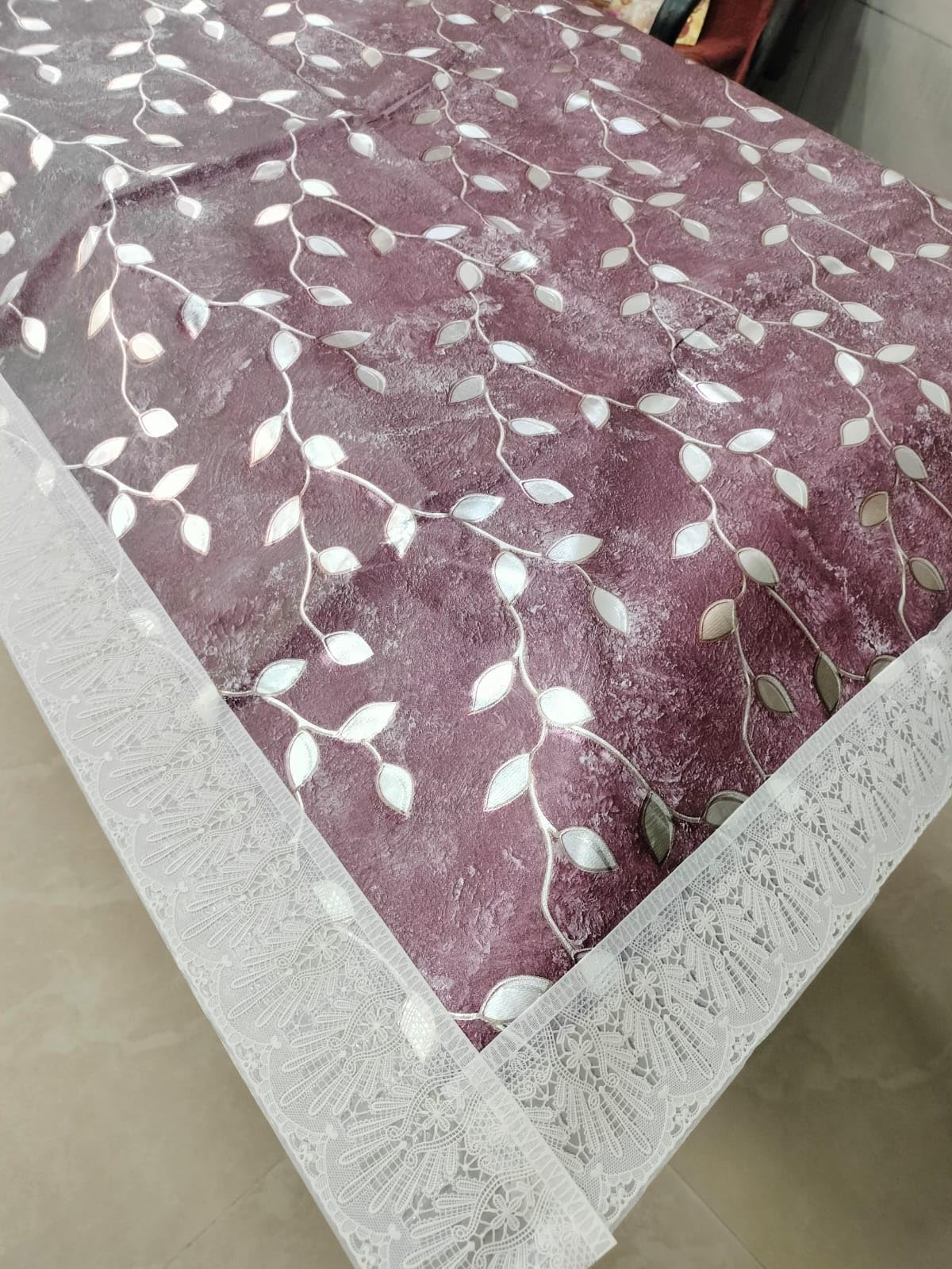 DNPH PVC Dark Pink Table Cover with Lace Border, Leaf Print Design (6 Seater, 60x90 inches)-image-35