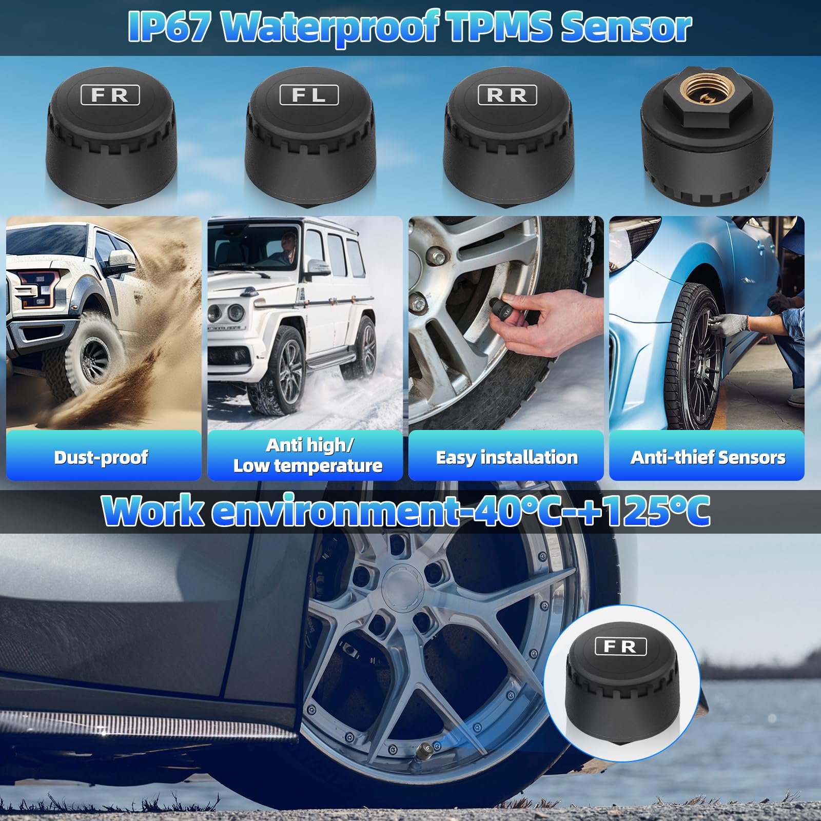 TPMS Sistema di Sensori di Monitoraggio della Pressione Pneumatici con Allarme Temperatura/Pressione per 4 Turni Camper SUV Auto, 5 Bar