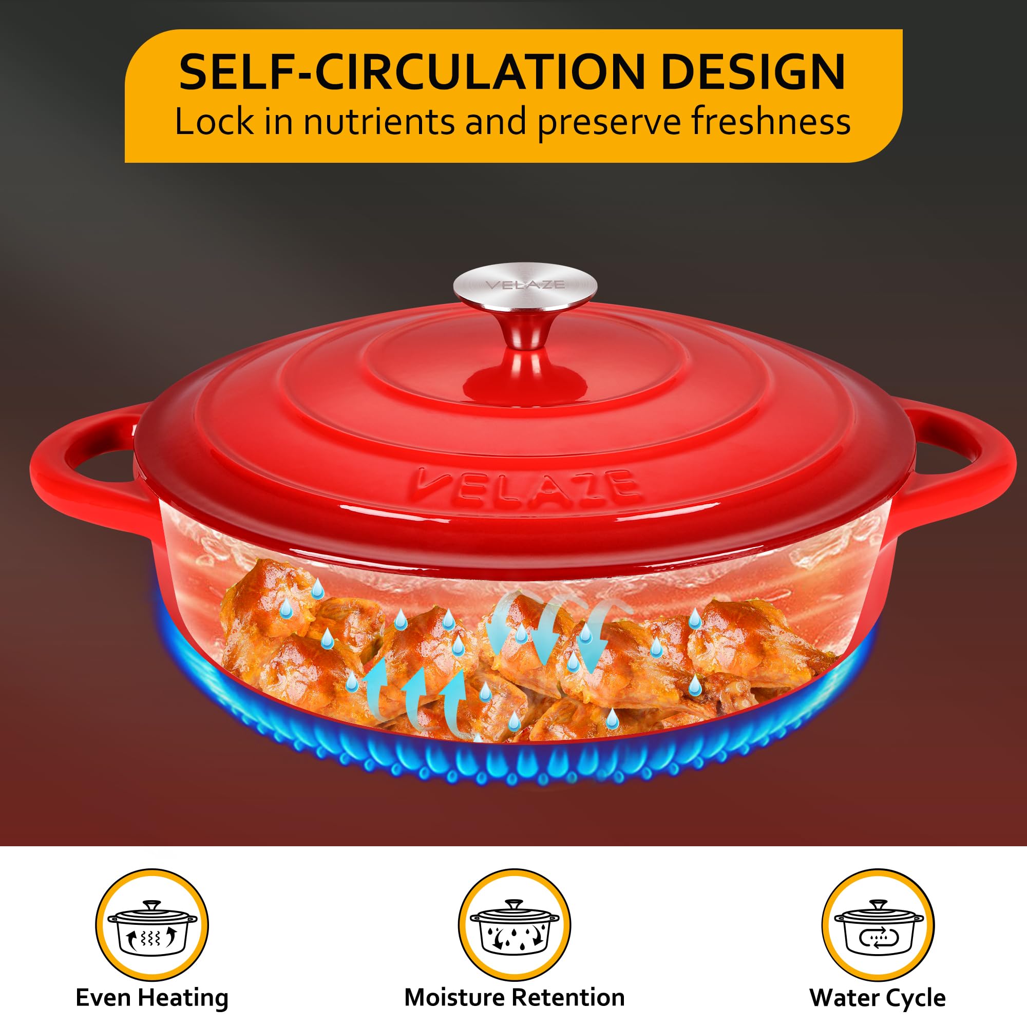 Velaze Casseruola in Ghisa, Pentola a Induzione per Stufati e Brasati, Cocotte Casseruola con Coperchio in Rivestimento Smaltato, Forno Olandese, Rosso, Rotondo - 28cm, 3.5L