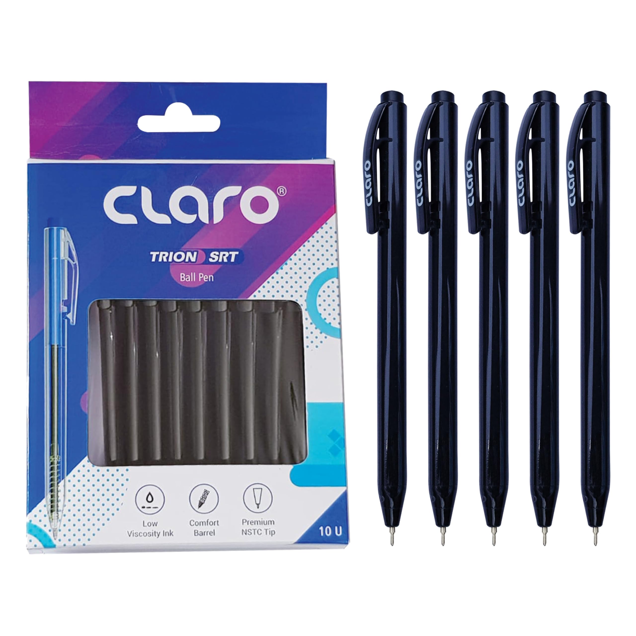 CLARO Trion SRT Retractable Ballpoint Pens, BLACK, Fine Point (0.7mm), Pack of 10, Smooth Ball Pens, Perfect for School Office Home Everyday Use