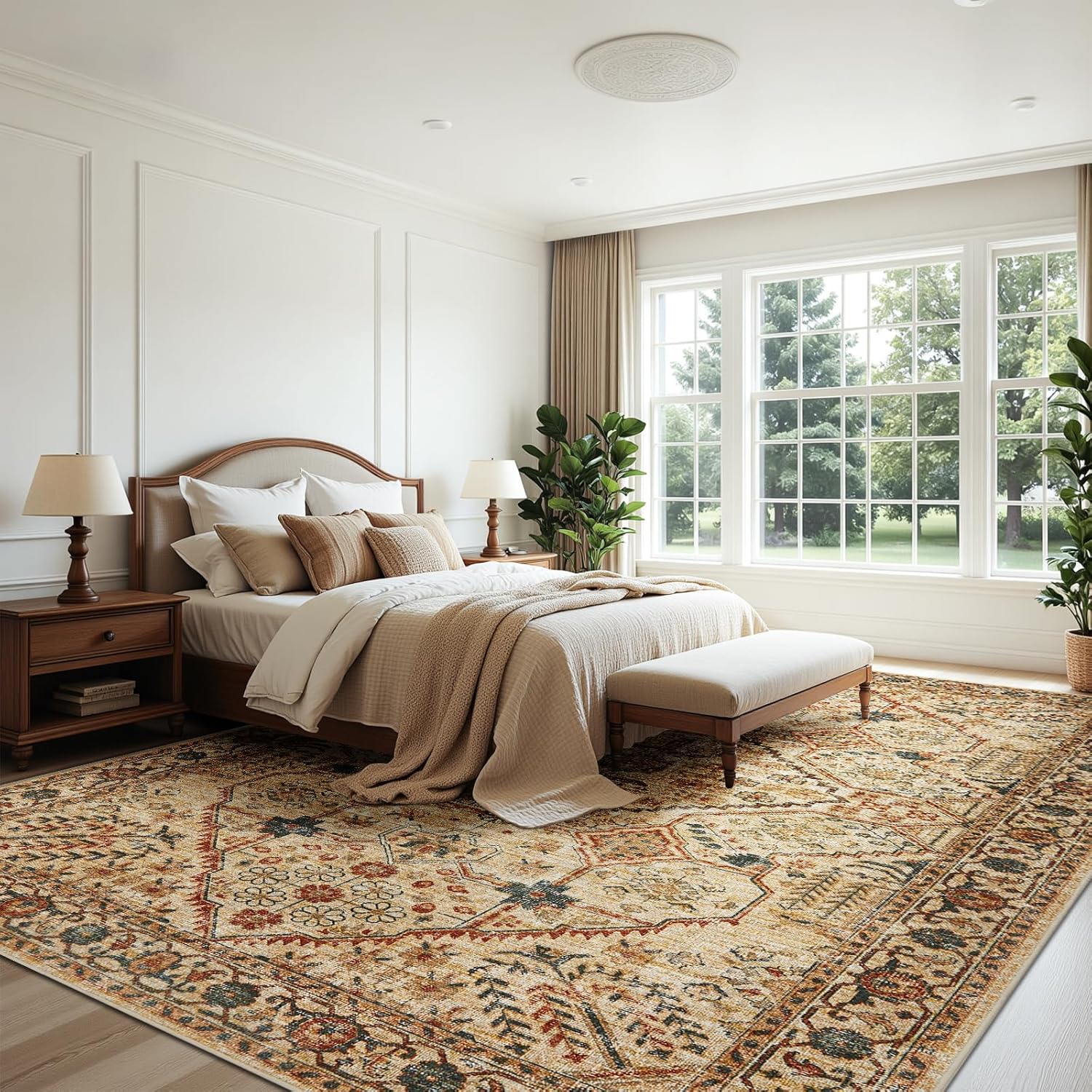 Joydeco 8x10 Area Rugs for Living Room, Non Slip Machine Washable Vintage Rug, Low Pile Chenille Print Rugs for Bedroom, Dining Room, Home Office, Pet & Child Friendly, Tan