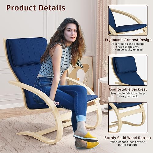 Miniatura 3 de Mecedora para interiores con asiento acolchado de tela, sillas de sala de estar con base de madera, sillón mecedor interior para sala de estar,