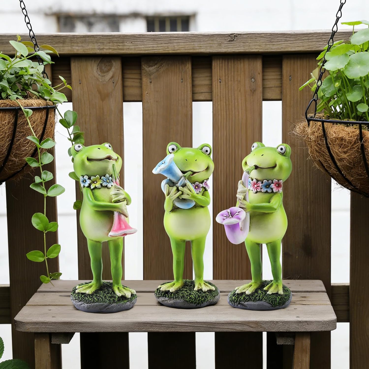 3-Pack Musical Frog Figurine Set -7 Inch Resin Frog Statues with Instruments & Flower Necklaces, Whimsical Outdoor Garden/Patio Decor