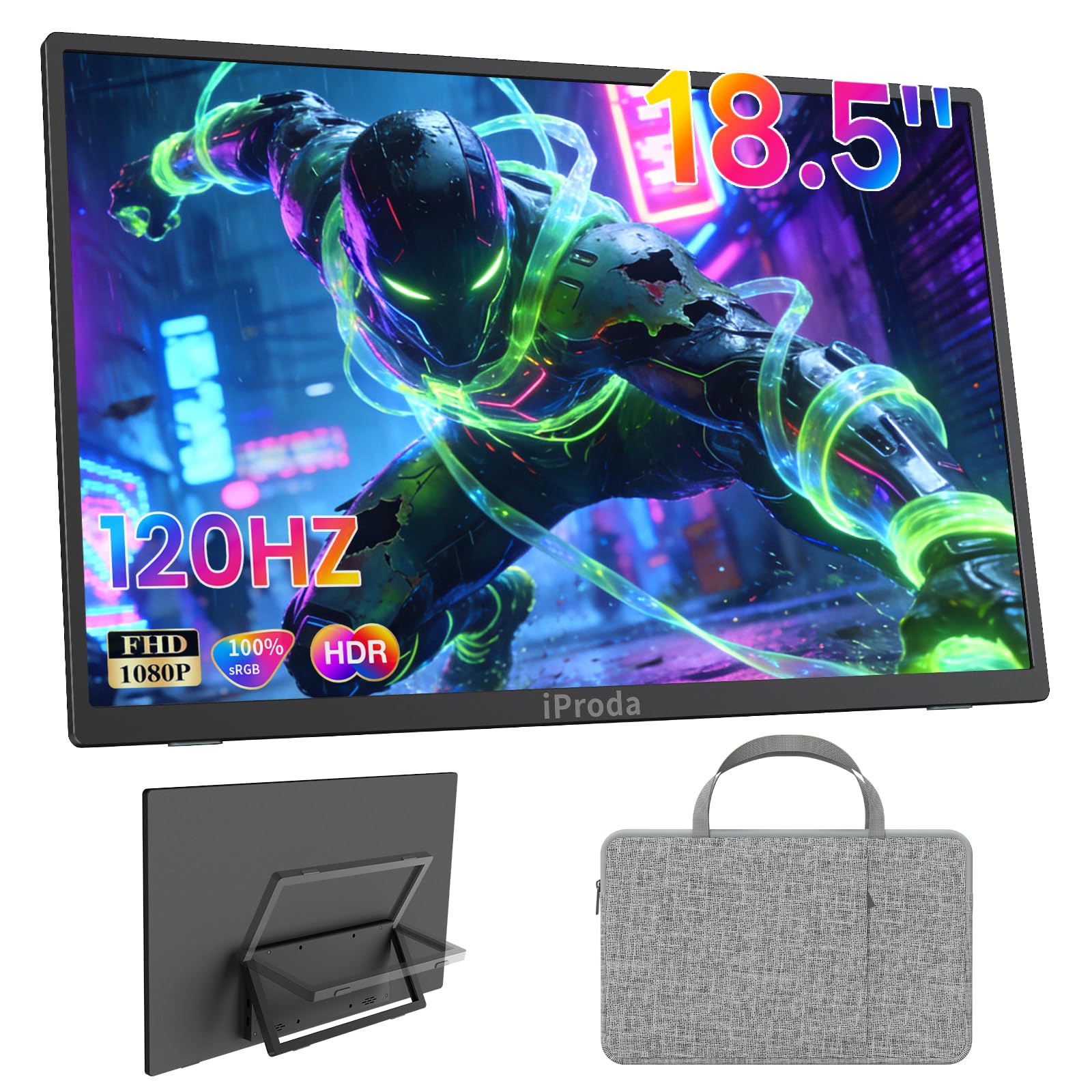 Monitor portátil para videojuegos de 18,5 pulgadas, 120 Hz, FHD 1080P, USB-C y Mini HDMI, 100% sRGB, VESA 75 x 75, pantalla externa para ordenador portátil/PC/PS4/PS5/Switch/Xbox