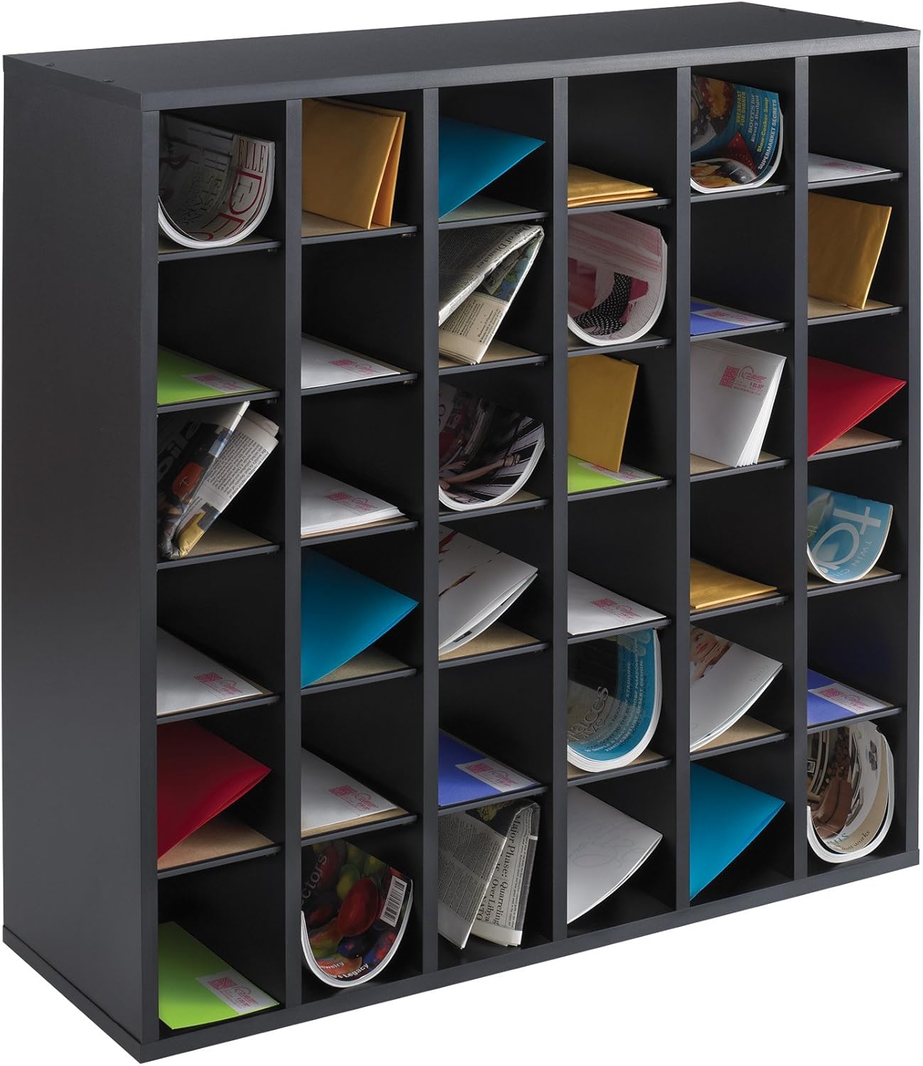 Safco Wooden Paper and Mail Organizer for Home Office and Classroom, Adjustable Shelves and Stackable, 36 Compartments, Black