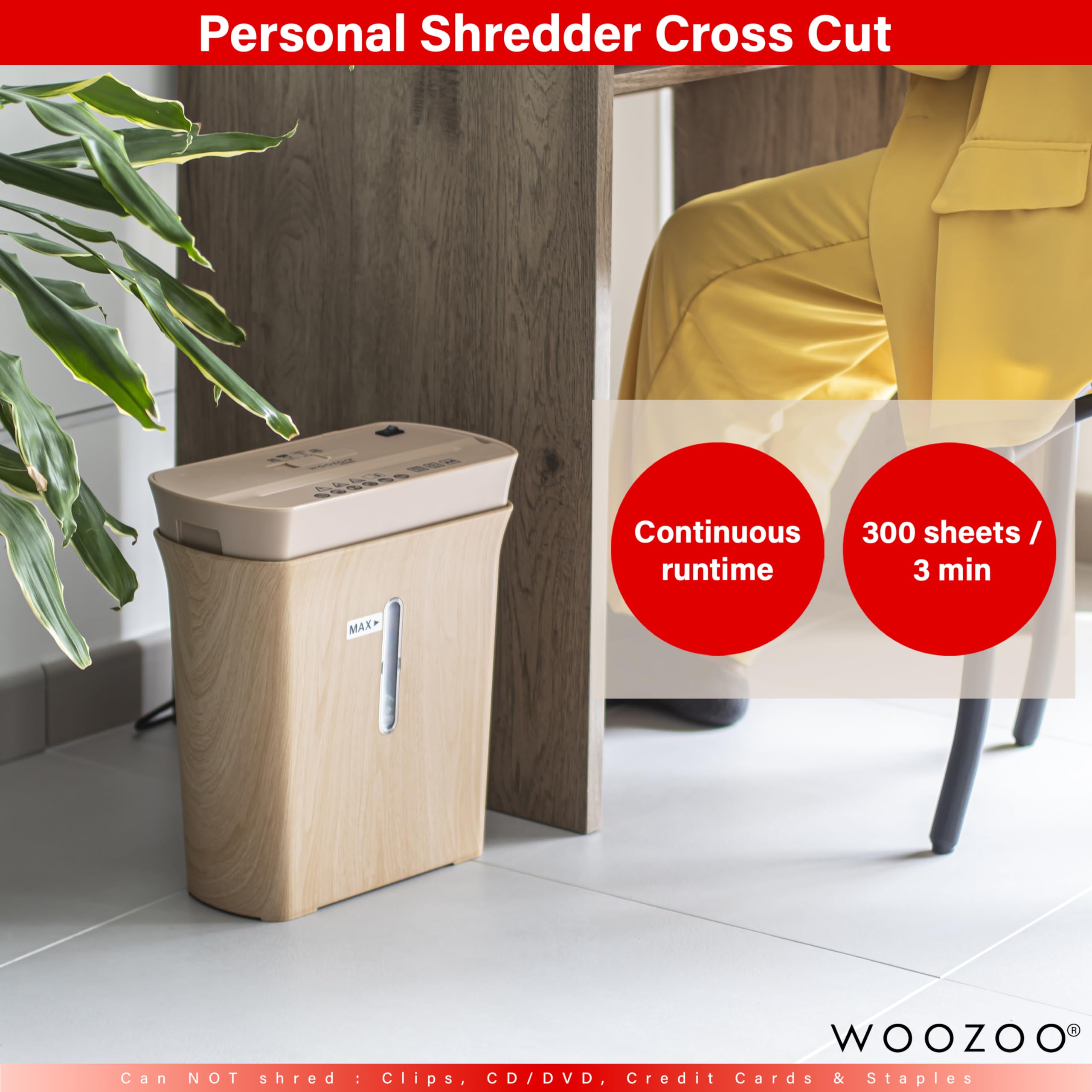 Woozoo, Distruggi documenti/distruggi carta, 8 fogli, Tecnologia trasversale, Cestino da 8,9 l, Carta A4 - Personal Shredder Cross Cut P8GCD - Colore del legno