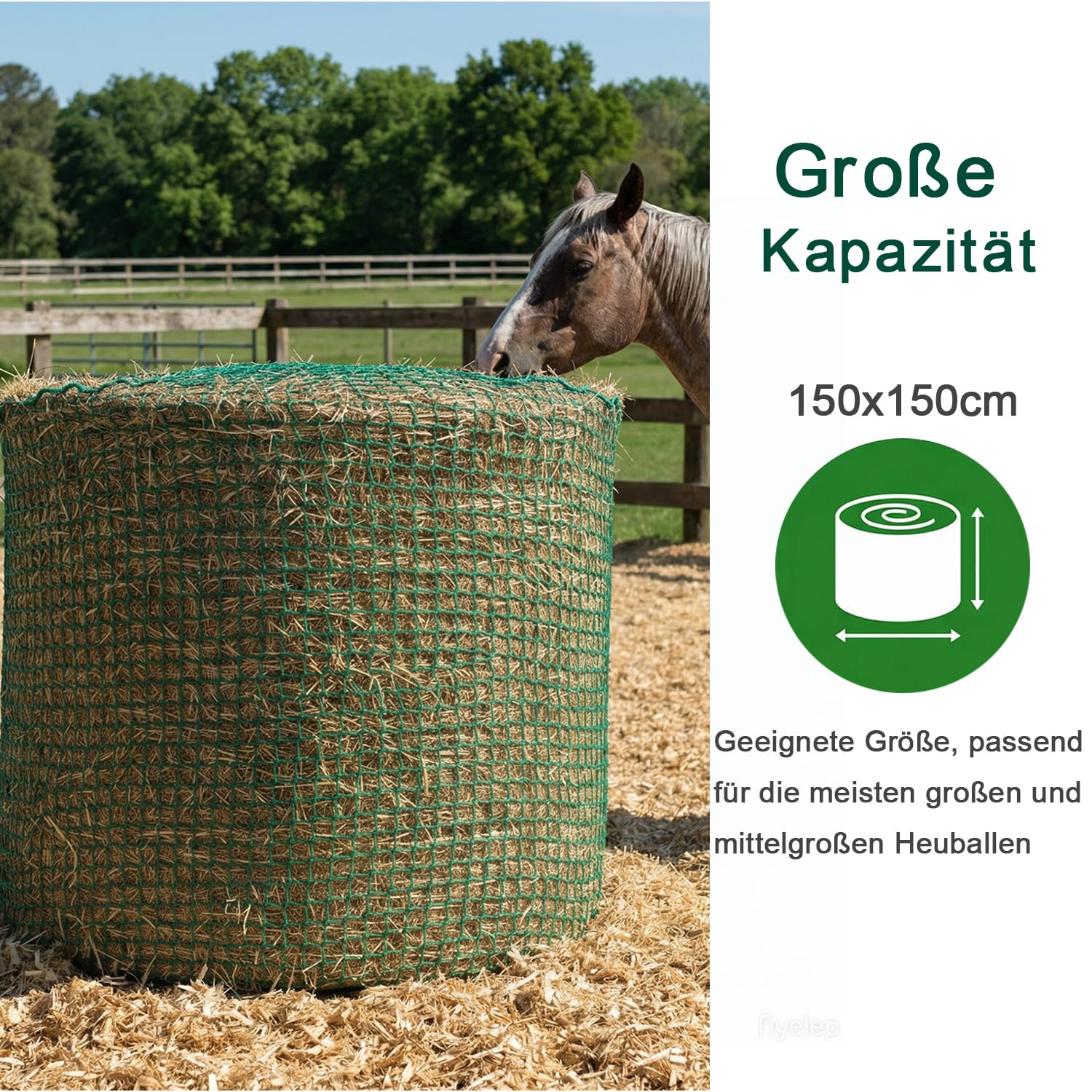 Rete da fieno con palline, ø 150 cm, altezza 150 cm, larghezza maglie 4,5 x 4,5 cm, rete per cavalli, rete rotonda adatta per cavalli, rete da fieno, rete a maglia stretta, prolunga i tempi