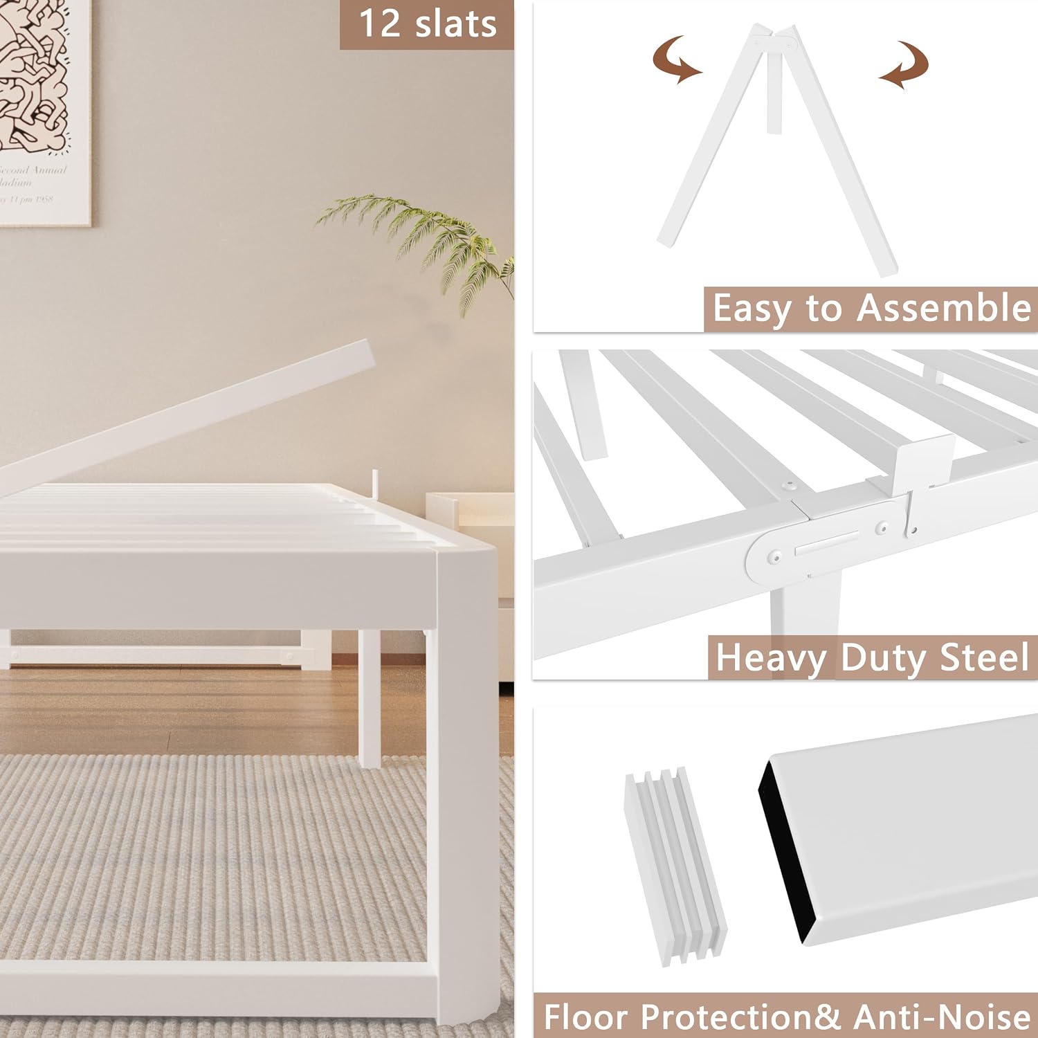 ZTH Twin Size Metal Platform Bed Frame 12 in, No Box Spring Needed, White | Heavy duty support, Underbed storage, Noise-free design, Anti-slip clips, Rounded legs, Easy assembly, Headboard compatible