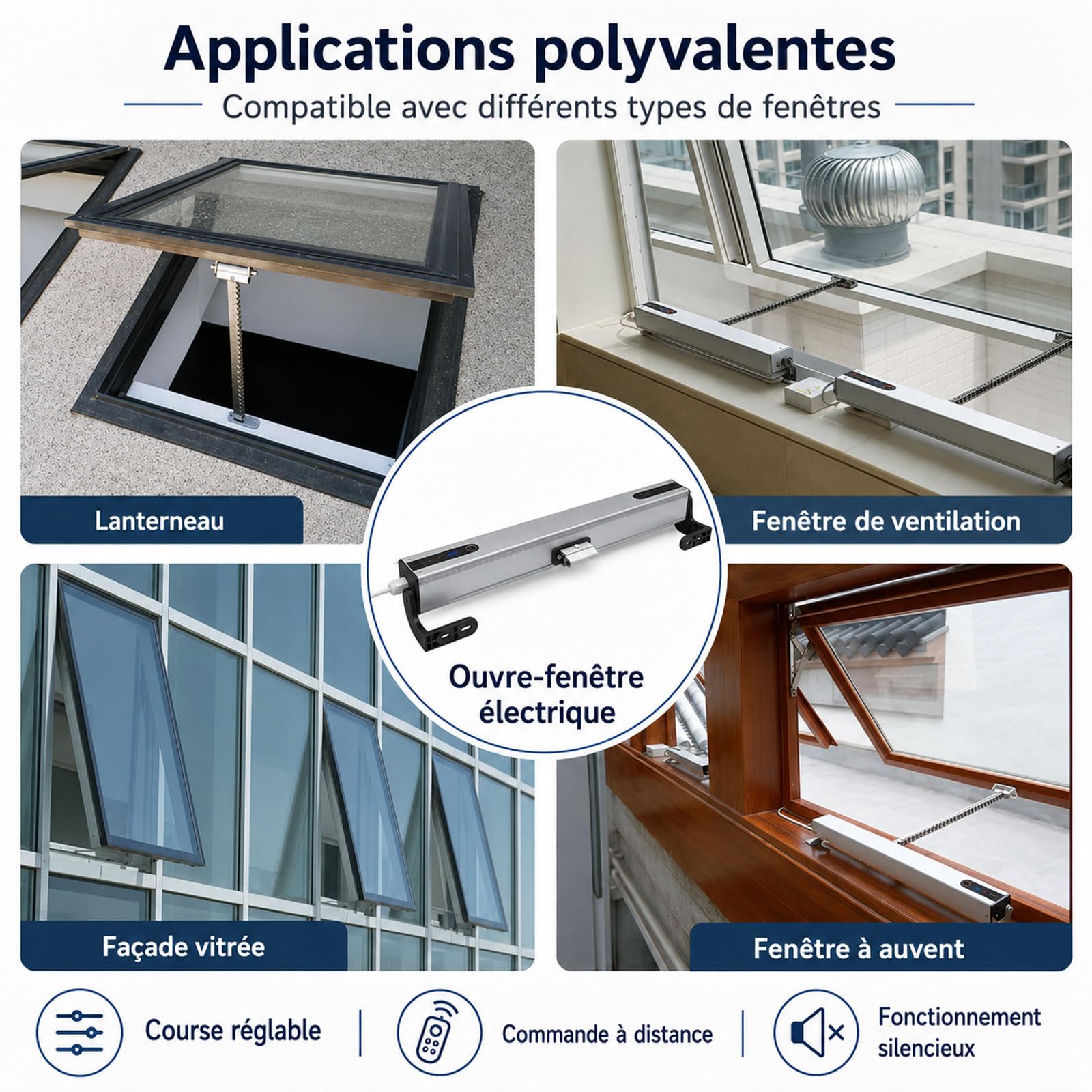Ouvre-fenêtre Électrique, Poussoir De Fenêtre Intelligent 110-230 V, Course Réglable De 100 À 400 Mm, Avec Télécommande Et Interrupteur, Ouvre-fenêtre Silencieux À Chaîne Pour Fenêtre Suspendue, Lucar