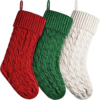 クリスマスストッキング ケーブルニット クリスマスストッキング 18インチ 大型 暖炉ストッキング 家族の休日 クリスマスの装飾 (バーガンディ、アイボリー、グリーン、3)
