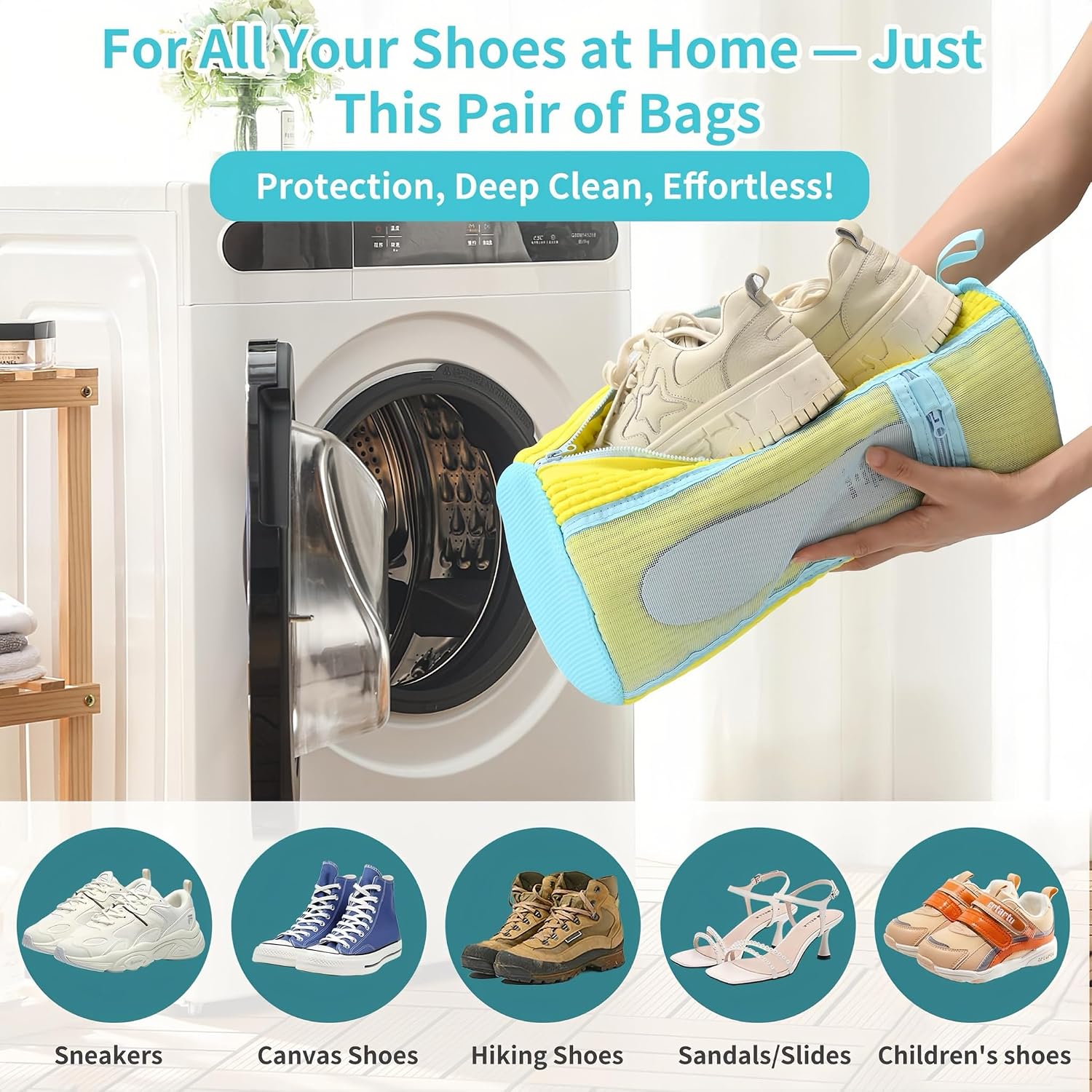 Shoe Washing Machine Bag, Laundry Shoe Bag for Washer and Dryer, 2Pcs Reusable Shoe Washing Bag for Sneakers, Tennis Shoes, With Self-locking Zipper, 360° Deep Clean (XL Yellow and White) image 3